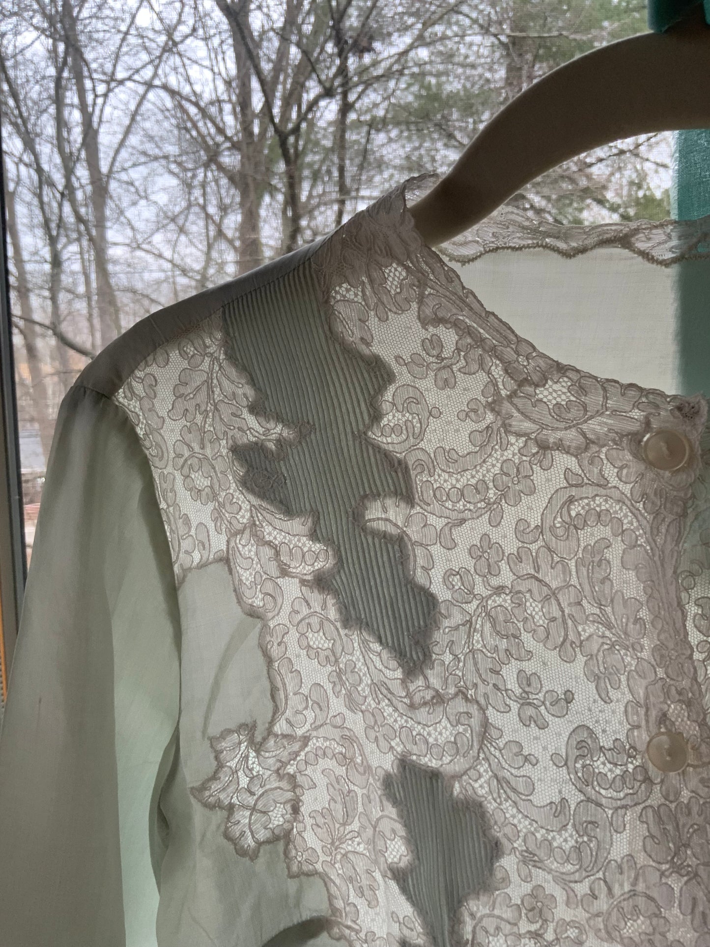 1940s Silk Satin Blouse with Lace Appliqué | Mint Green | Edwardian Revival-40AT