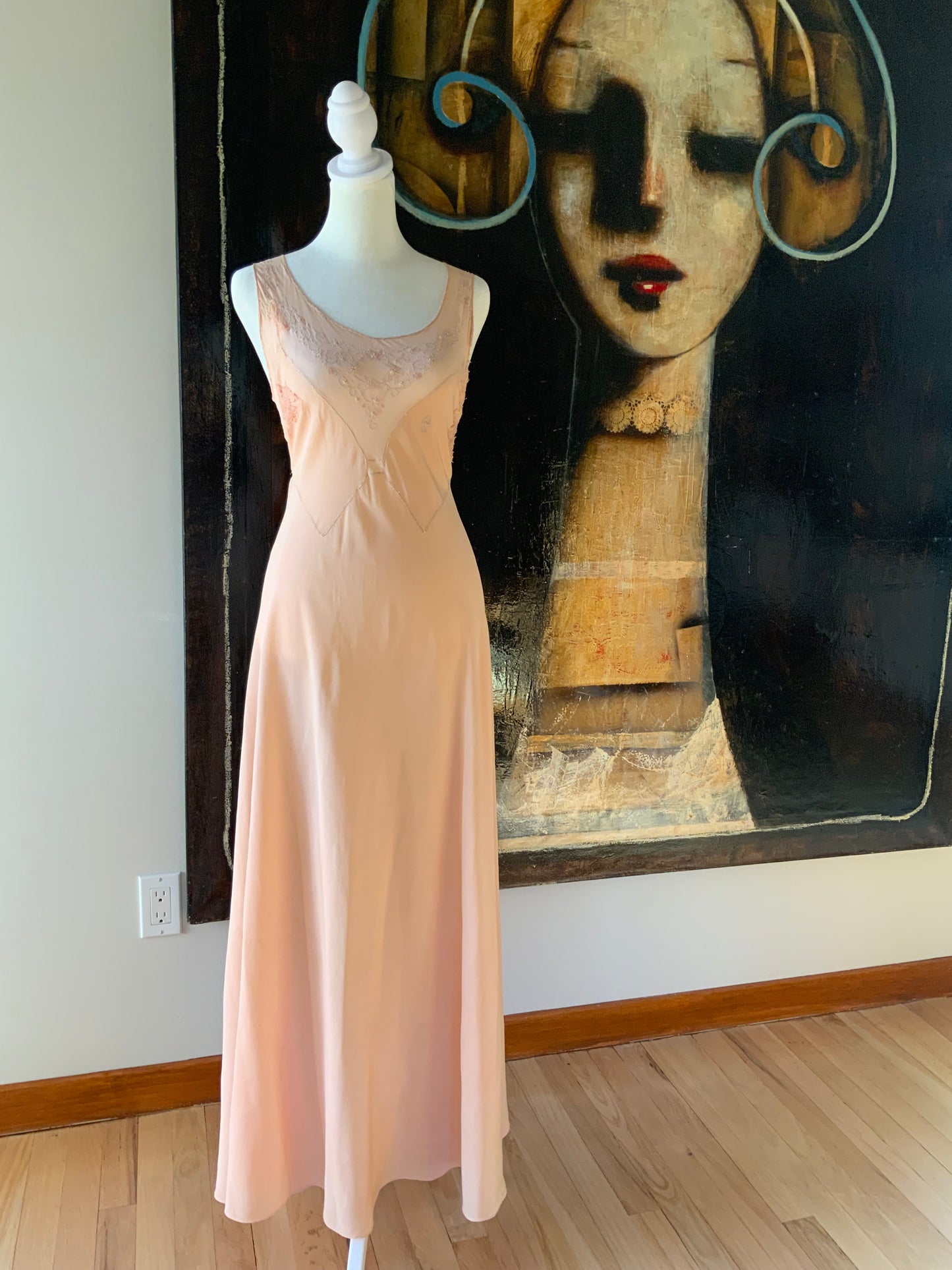 1930s Peach Rayon Nightgown with Art Deco Embroidery & Restored Lace Appliqués – Bias Cut Vintage Lingerie - 30AZ