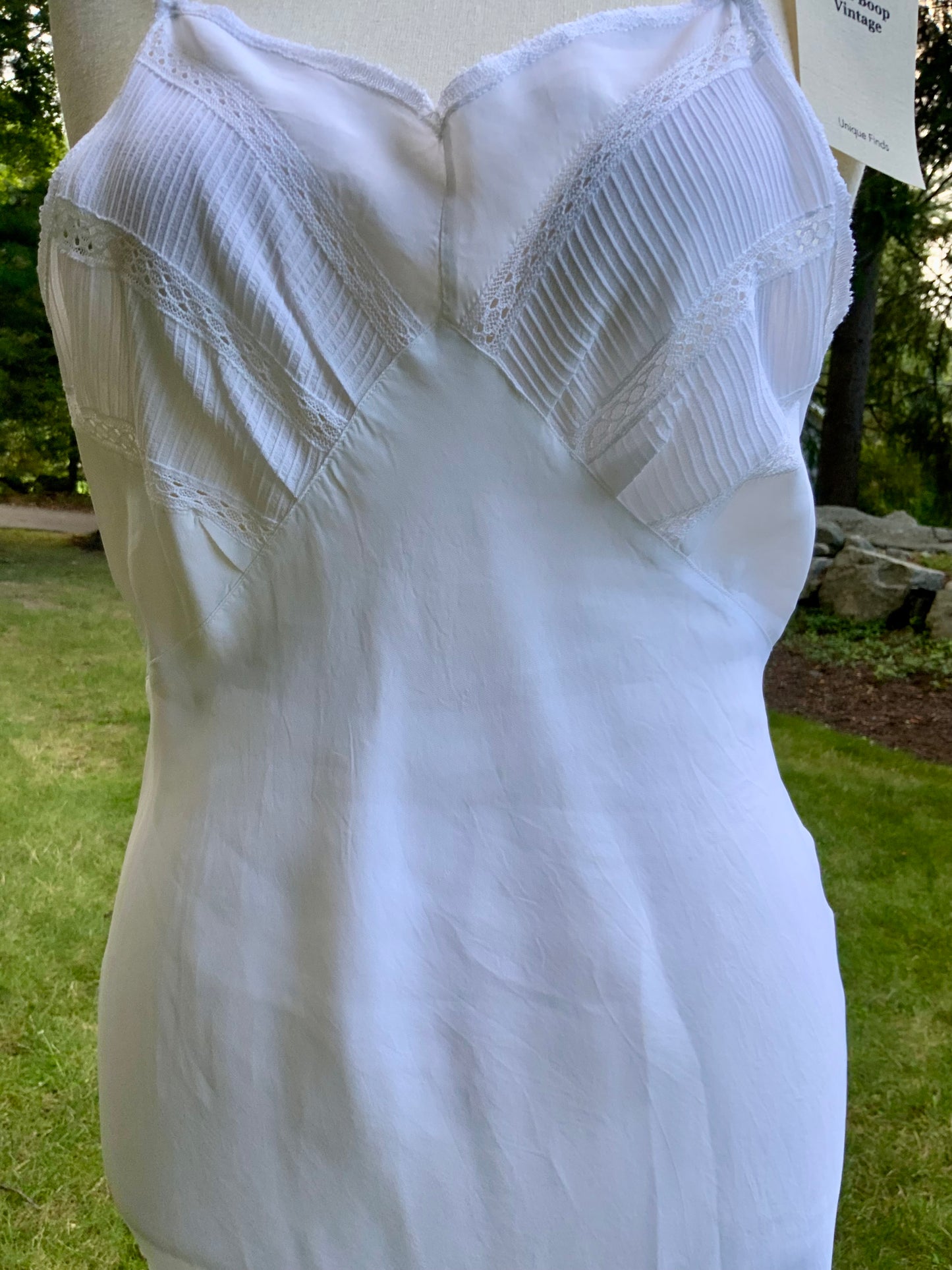 1940s White Slip Dress. Pleated Lace Bodice. Bias Cut. Double Flounce Hem
-30CP