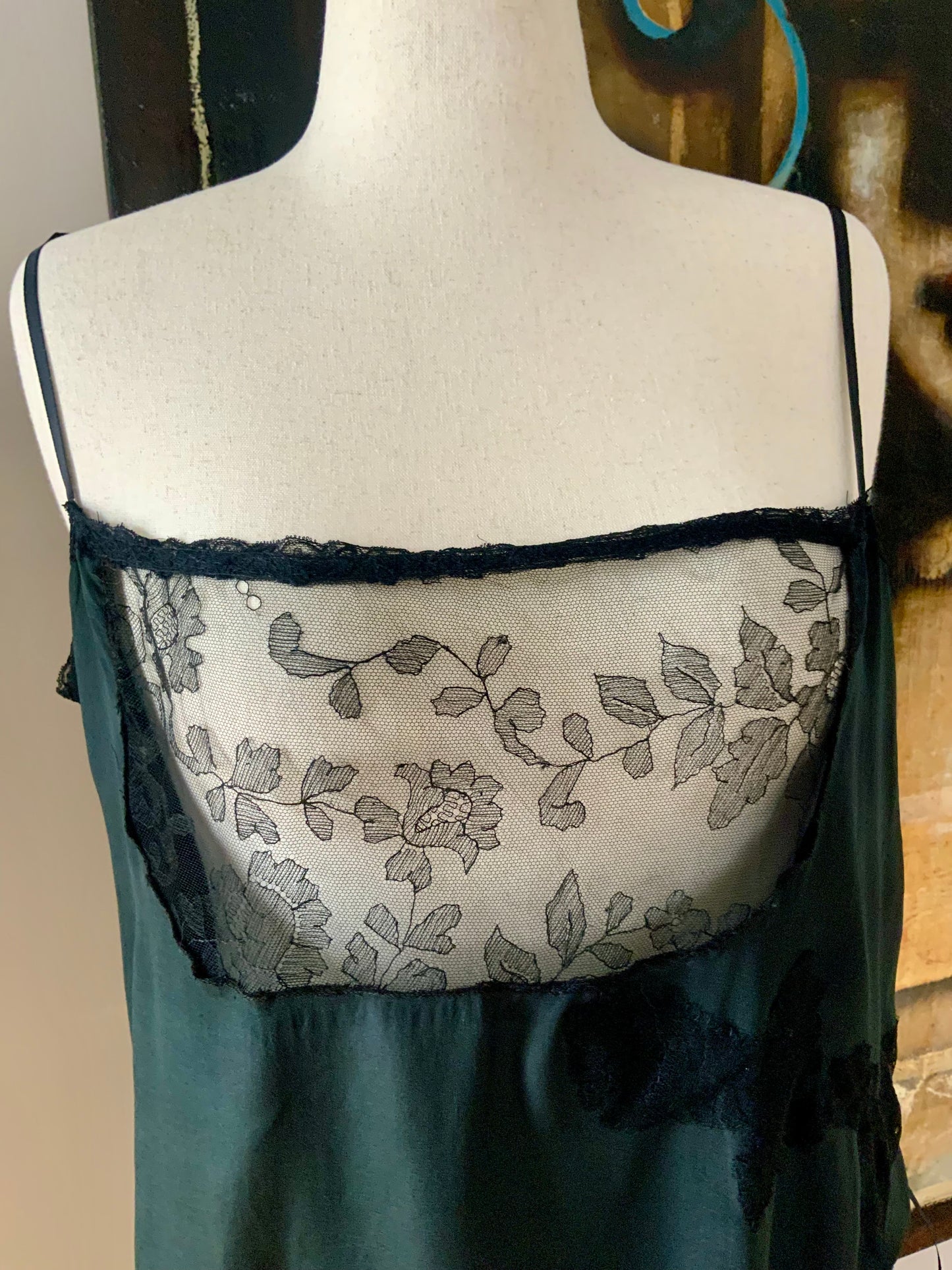 1920s–30s Pure Silk Boudoir Slip Dress — Black with Antique Lace Inset-XL-20AK