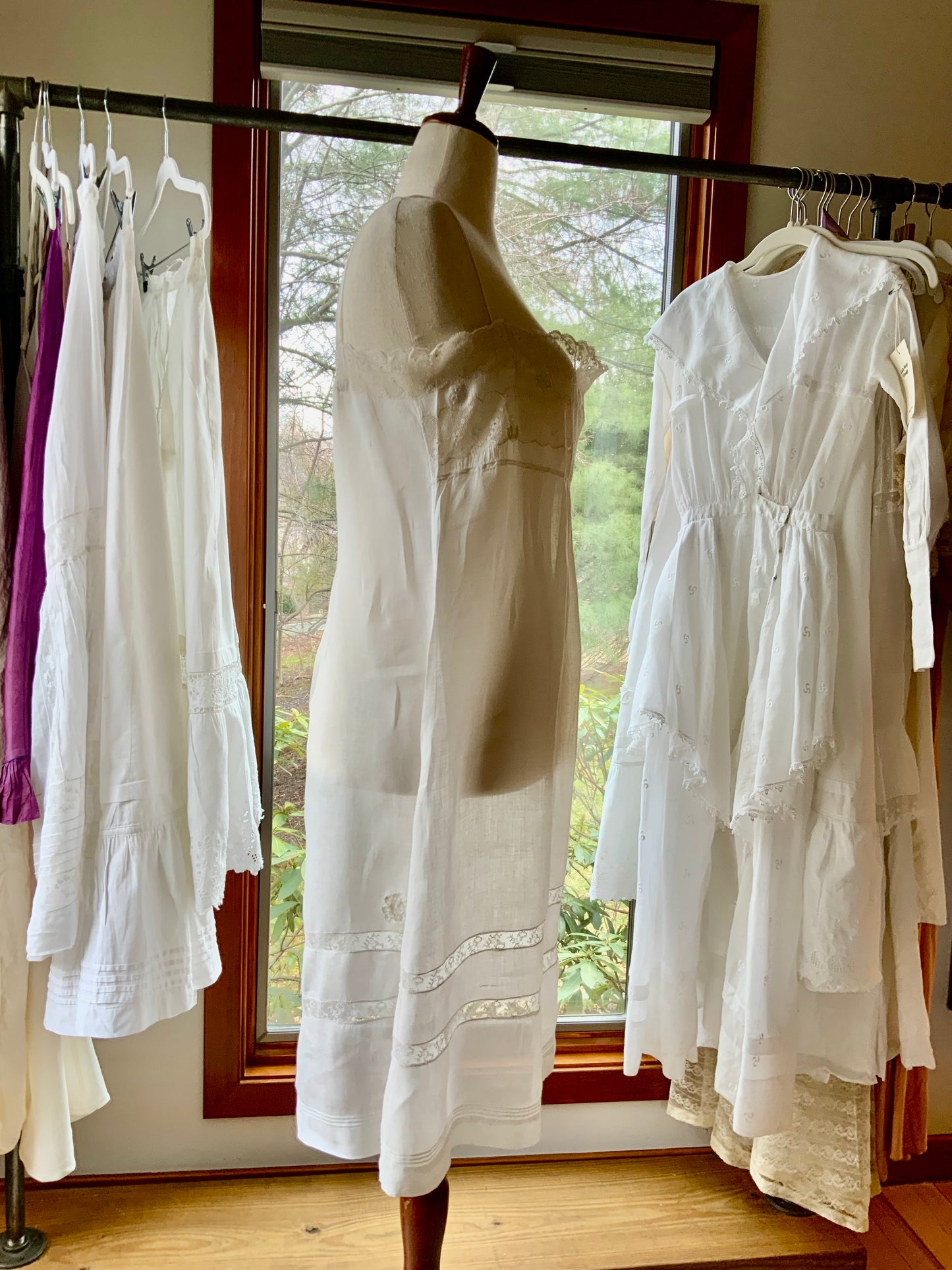 Antique 1910s Cotton Batiste Lingerie Dress with Lace Insertion & Hand Embroidery-ED74