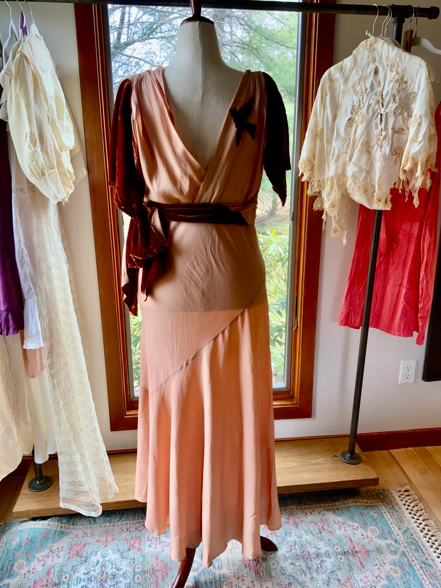 1930s Silk Crepe Evening Dress in Dusty Peach with Velvet Accents and Draped Waist | Artfully Restored-Iconic-30BH