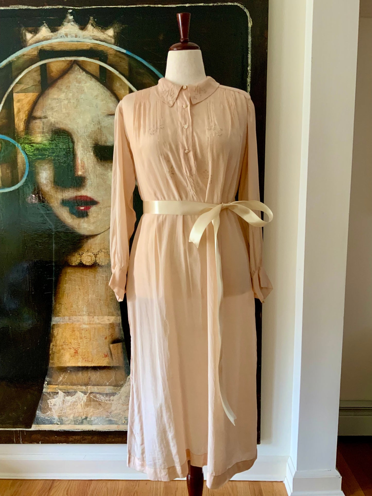 Long Sleeve Silk Nightgown Embroidered - 20s