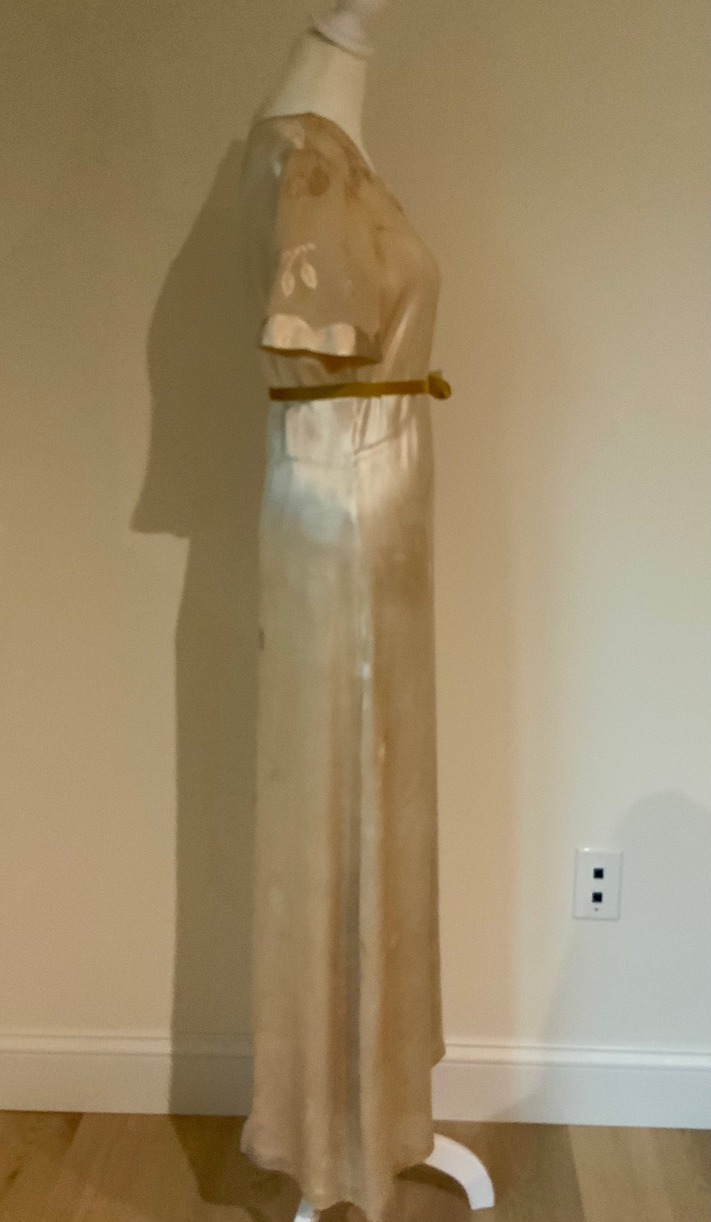Rare 1930s Tea-Dyed Silk Hostess Gown with Original Floral Appliqué Details