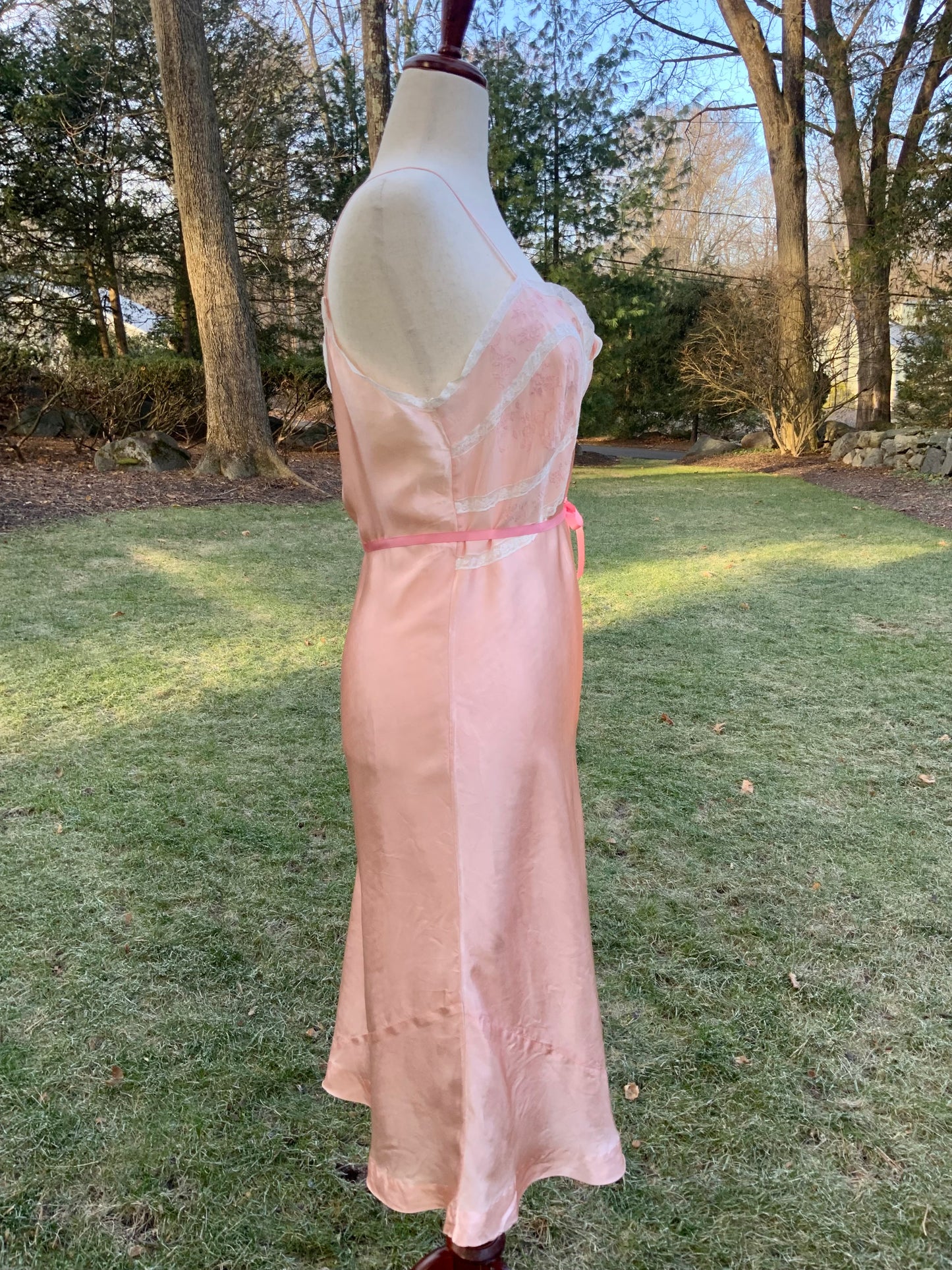 1930s Blush Satin & Chiffon Slip Dress – Floral Embroidery & Lace Panels - 30BA