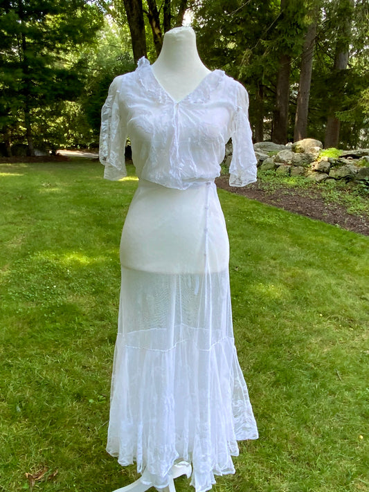 1930s Sheer White Tulle Lace Dress Vintage Bridal Dress Romantic Wedding Dress Floral Tulle Gown Ethereal Dress- Iconic -30DN