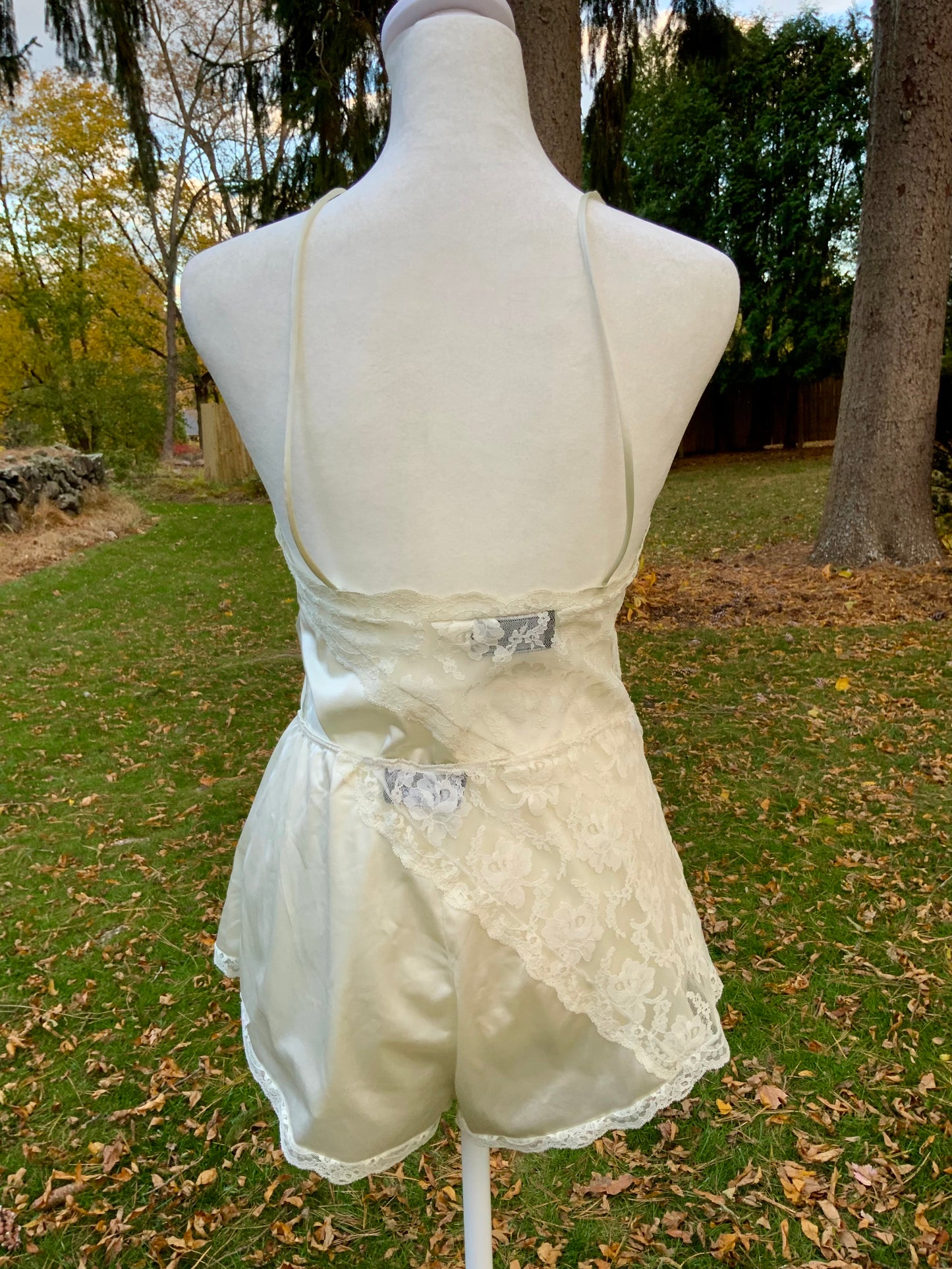 Vintage Bob Mackie for Glydons Ivory Lace & Satin Teddy | Late 1970s Designer Lingerie- 70X