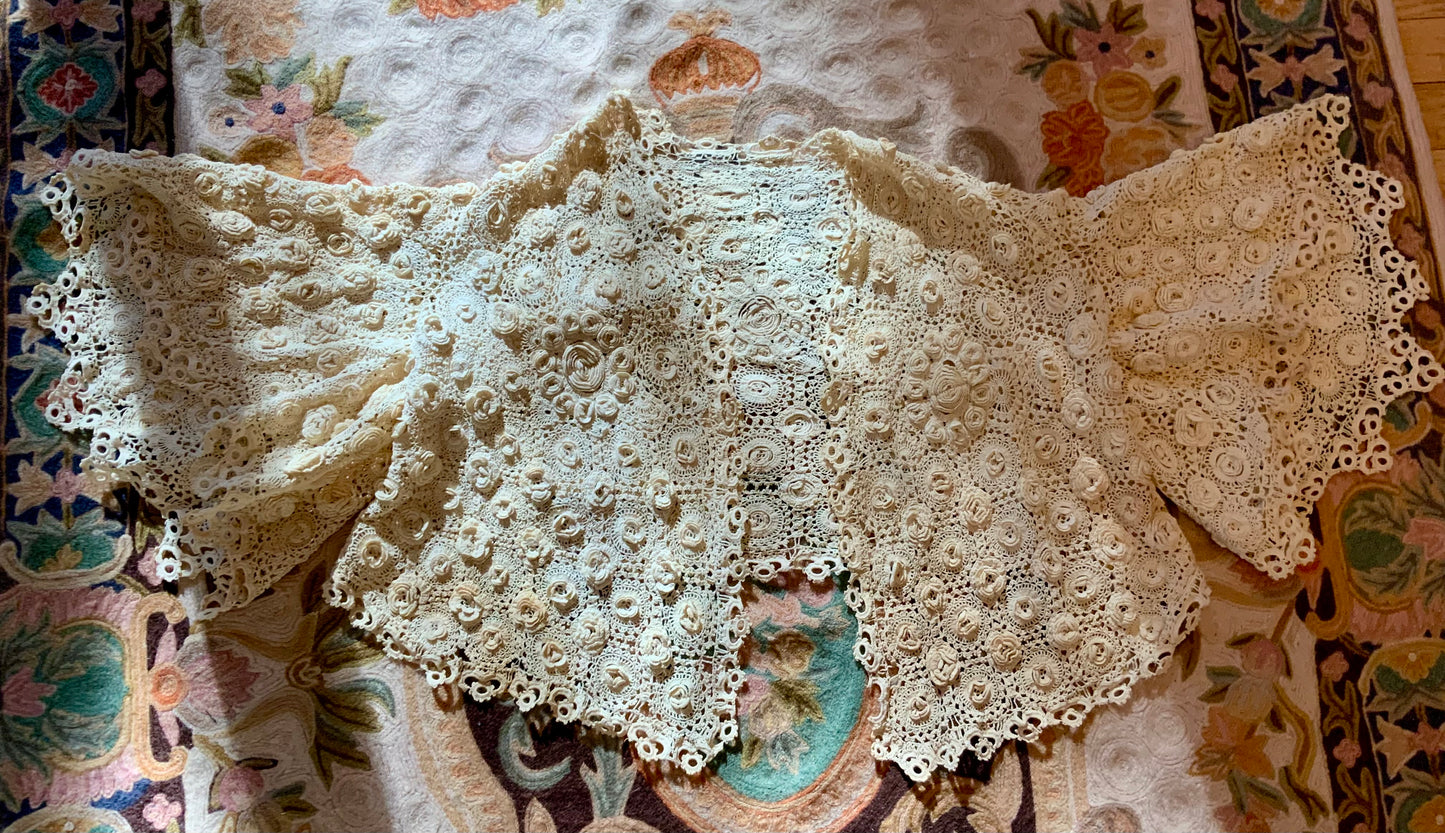 1930s–40s Hand-Crocheted Irish Lace Jacket — Antique Ivory Floral Jaclet-30AW