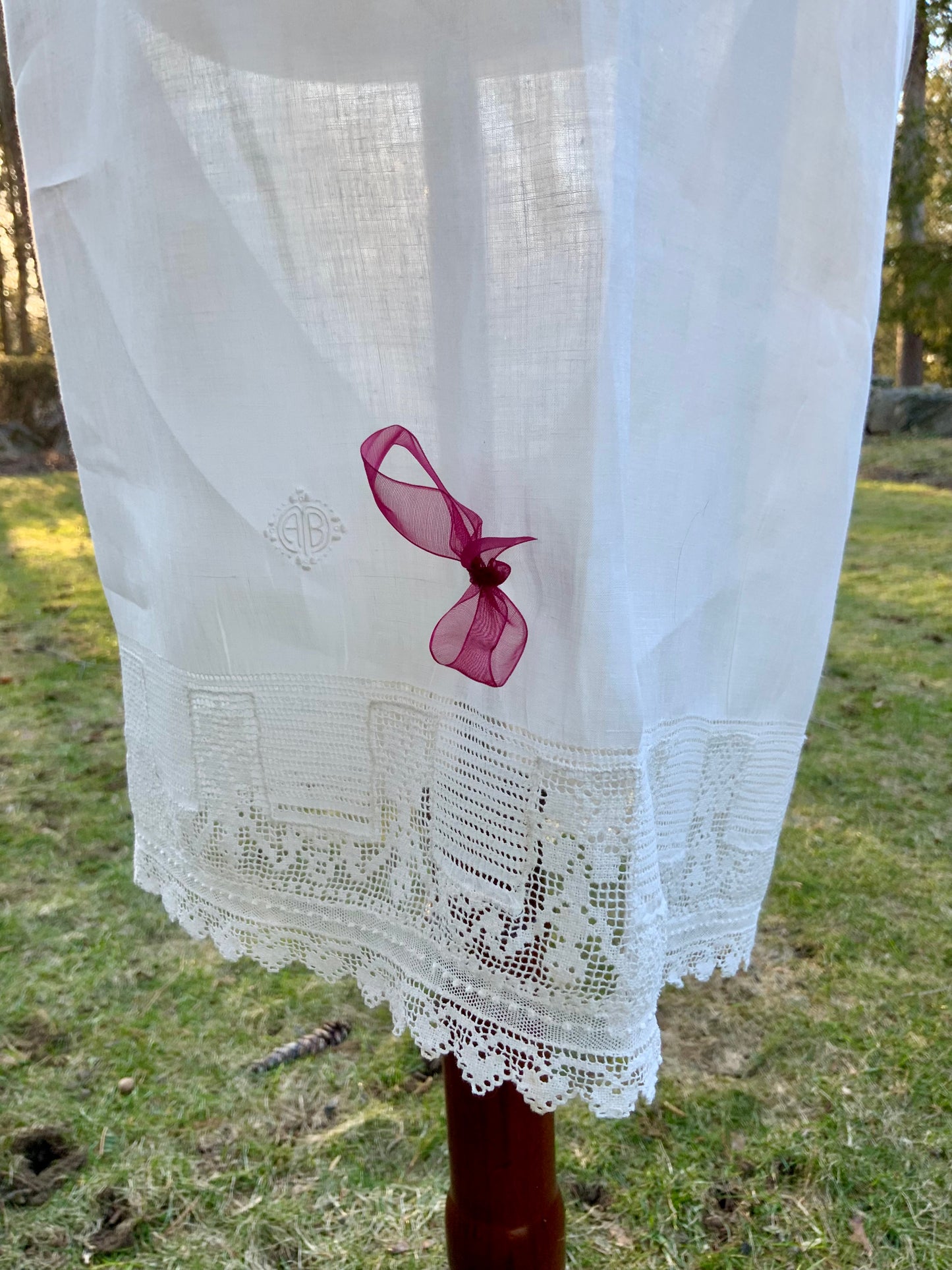 Antique Edwardian Cotton Bloomers c.1905–1915 | Filet Lace Ribbon Hem | Hand Monogram “AB” | Split Drawers Lingerie-ED69