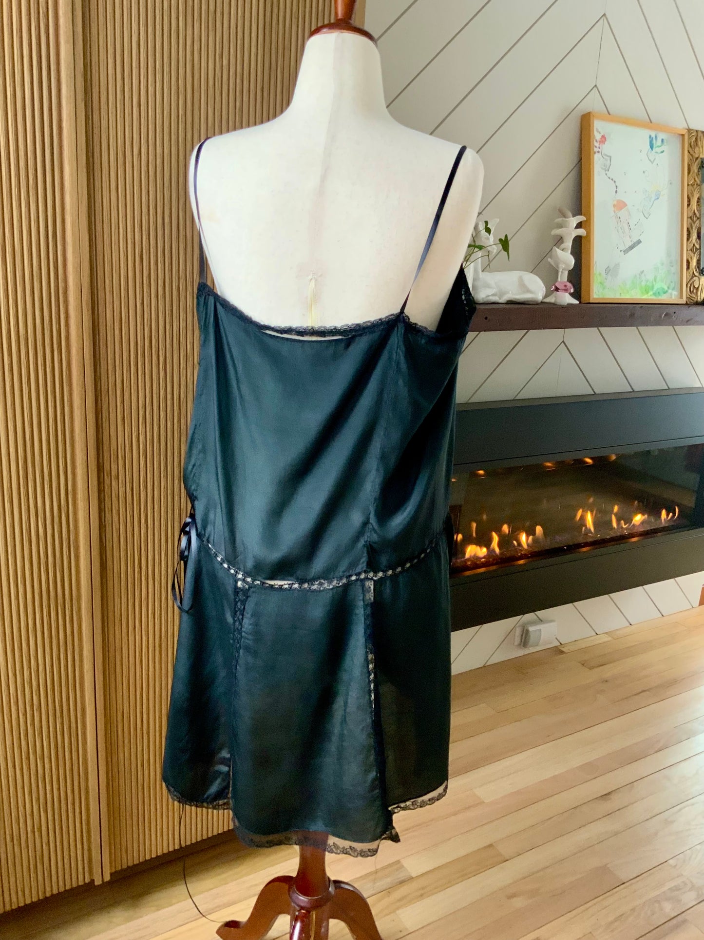 1920s–30s Pure Silk Boudoir Slip Dress — Black with Antique Lace Inset-XL-20AK