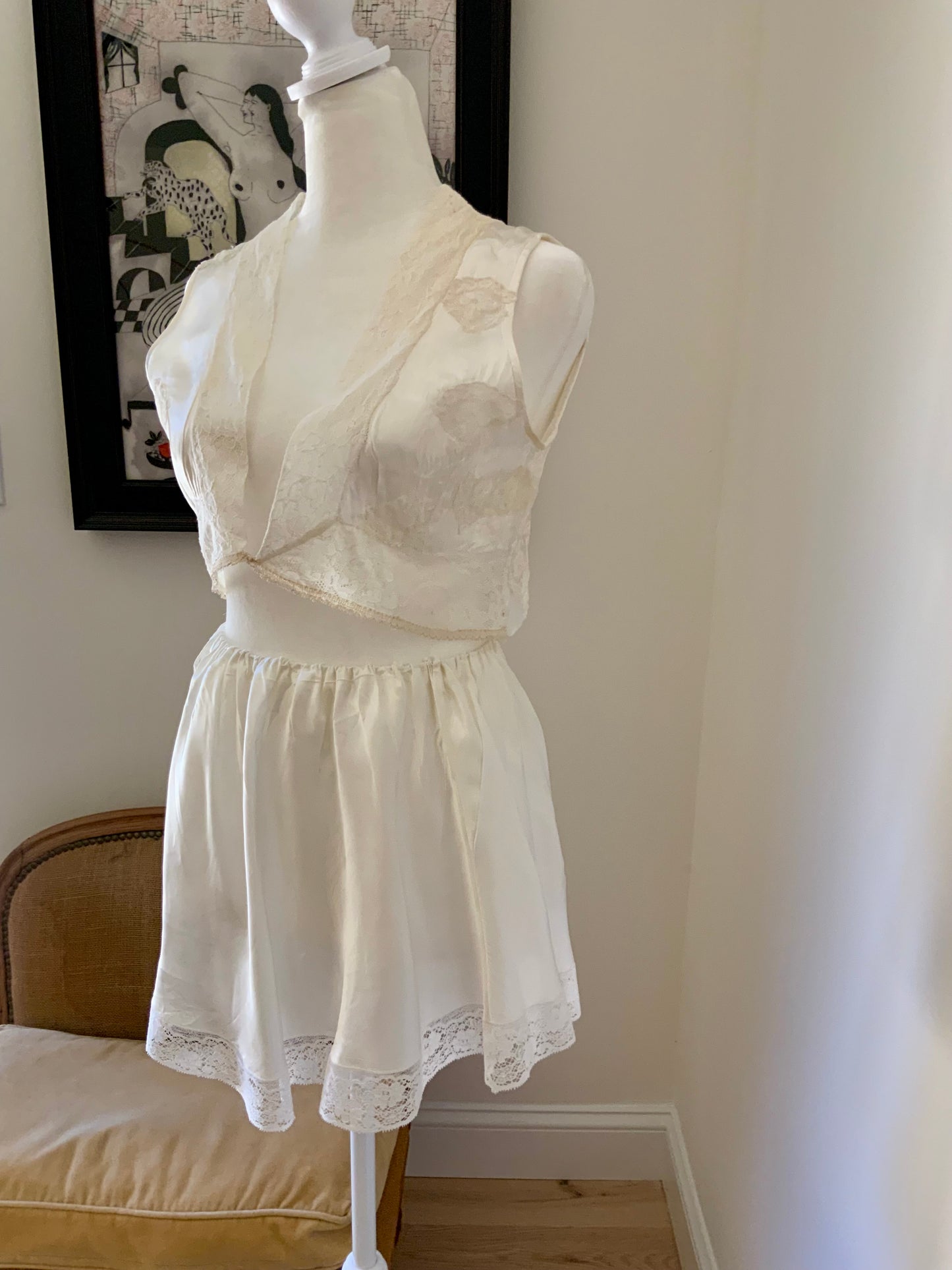 One-of-a-Kind Reconstructed 1940s Silk Set | Vintage Lace Top & Skirt-40CF
