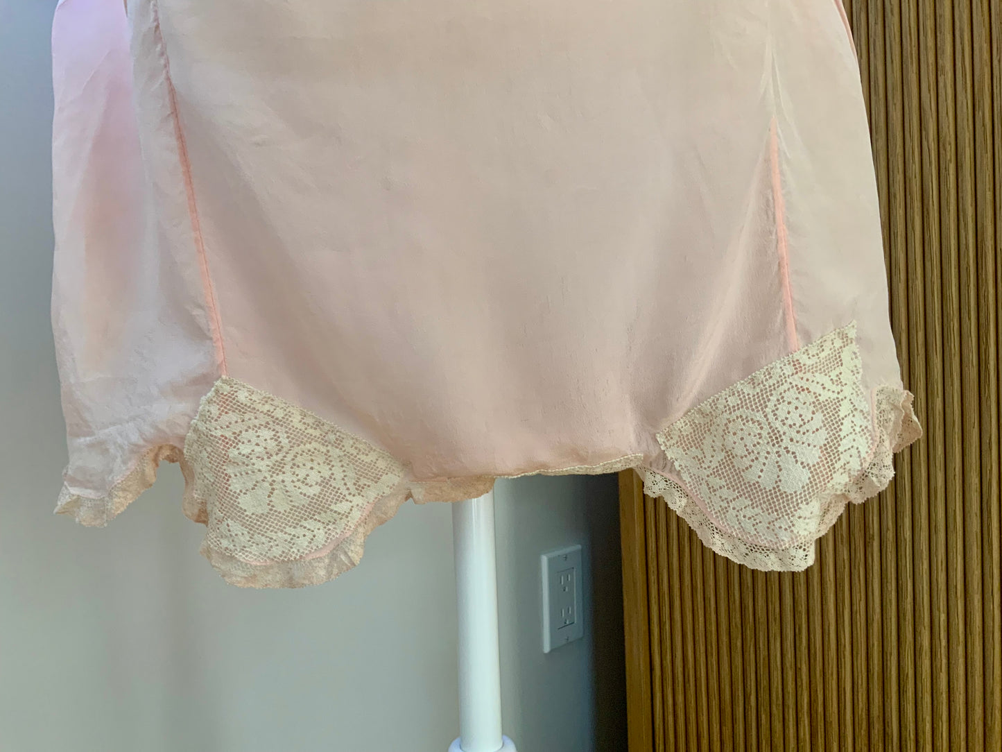 1920s–30s Blush Silk Teddy (Camiknicker) — Pure Silk Boudoir One-Piece with Lace Appliqué-20AL