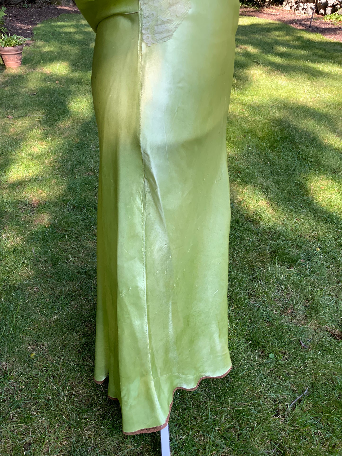 Hand Dyed Antique Silk Slip Dress Chartreuse Green Artist Reimagined 1930s 1940s Silk Nightgown One of a Kind Wearable Art-40C