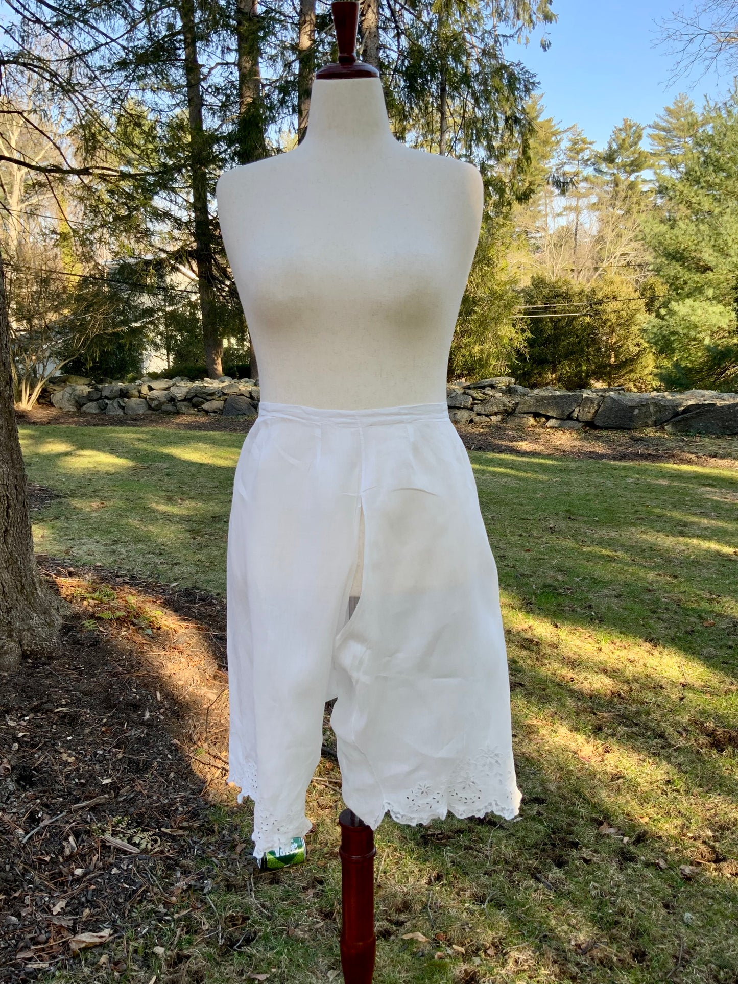 Antique Edwardian Split Drawers Bloomers – White Cotton Lingerie Pants with Hand Embroidery & Lace Hem – Early 1900s-ED71