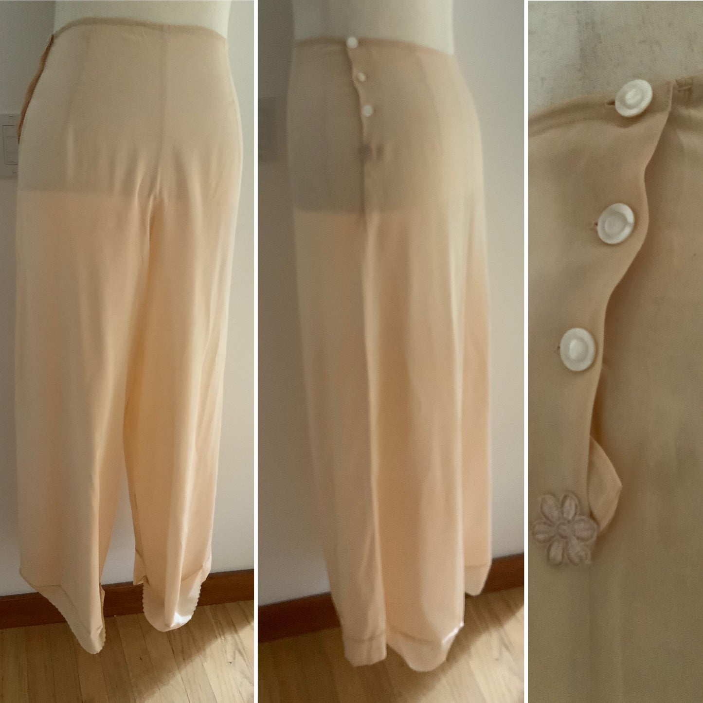 1920s–1930s Pure Silk Peach Pajama | Hand Restored with Vintage Floral Appliqués & Satin Ribbon | One-of-a-Kind Collectible Loungewear- 20AJ