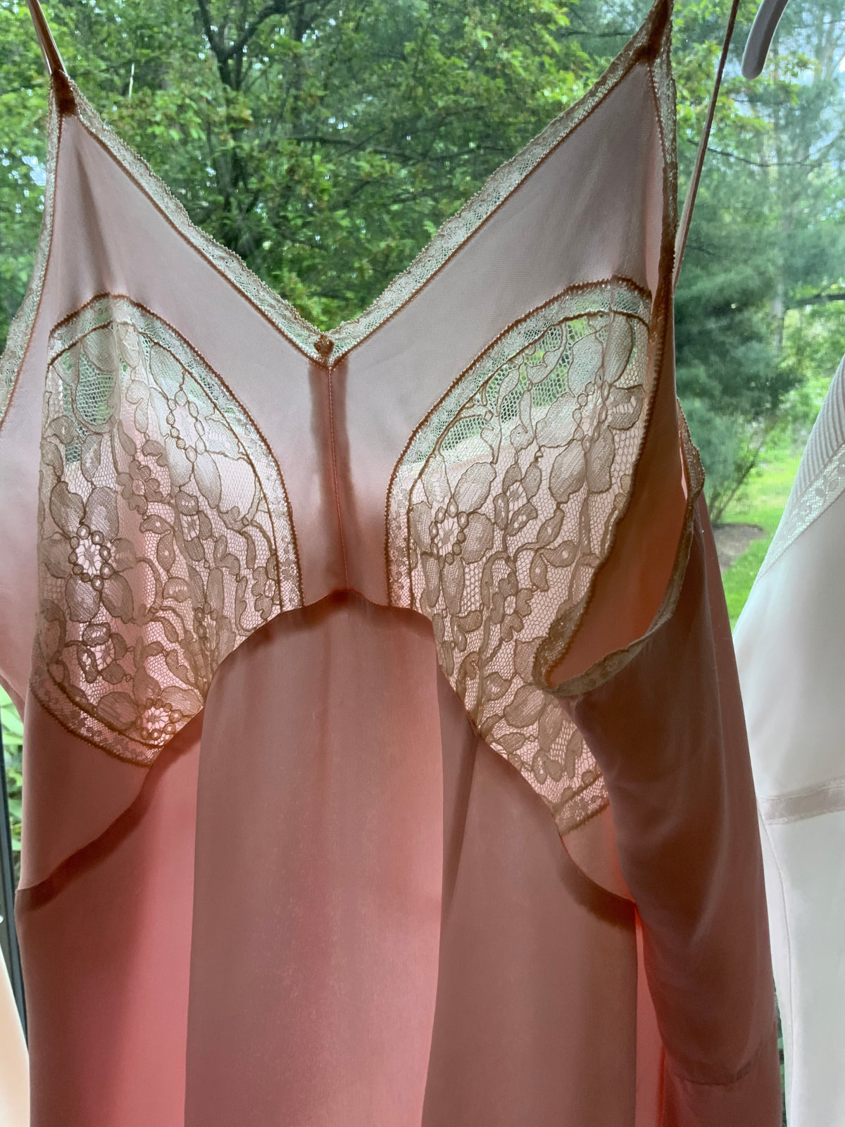 1930s Pink Satin Slip Dress with Lace and Chiffon Ruffle.30CJ