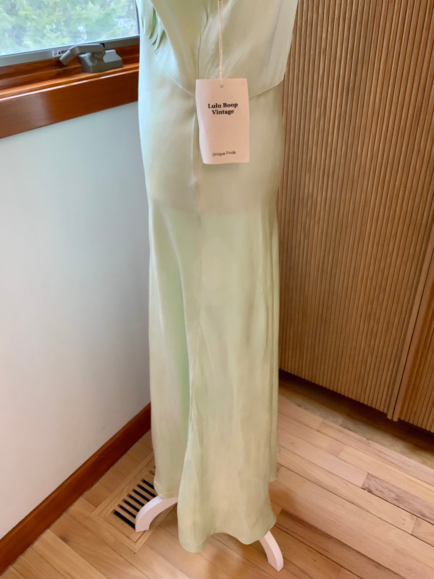 1930s Silk Satin Bias Cut Gown – Hand Dyed Celadon Mint – Vintage Lace Evening Slip Dress
40U