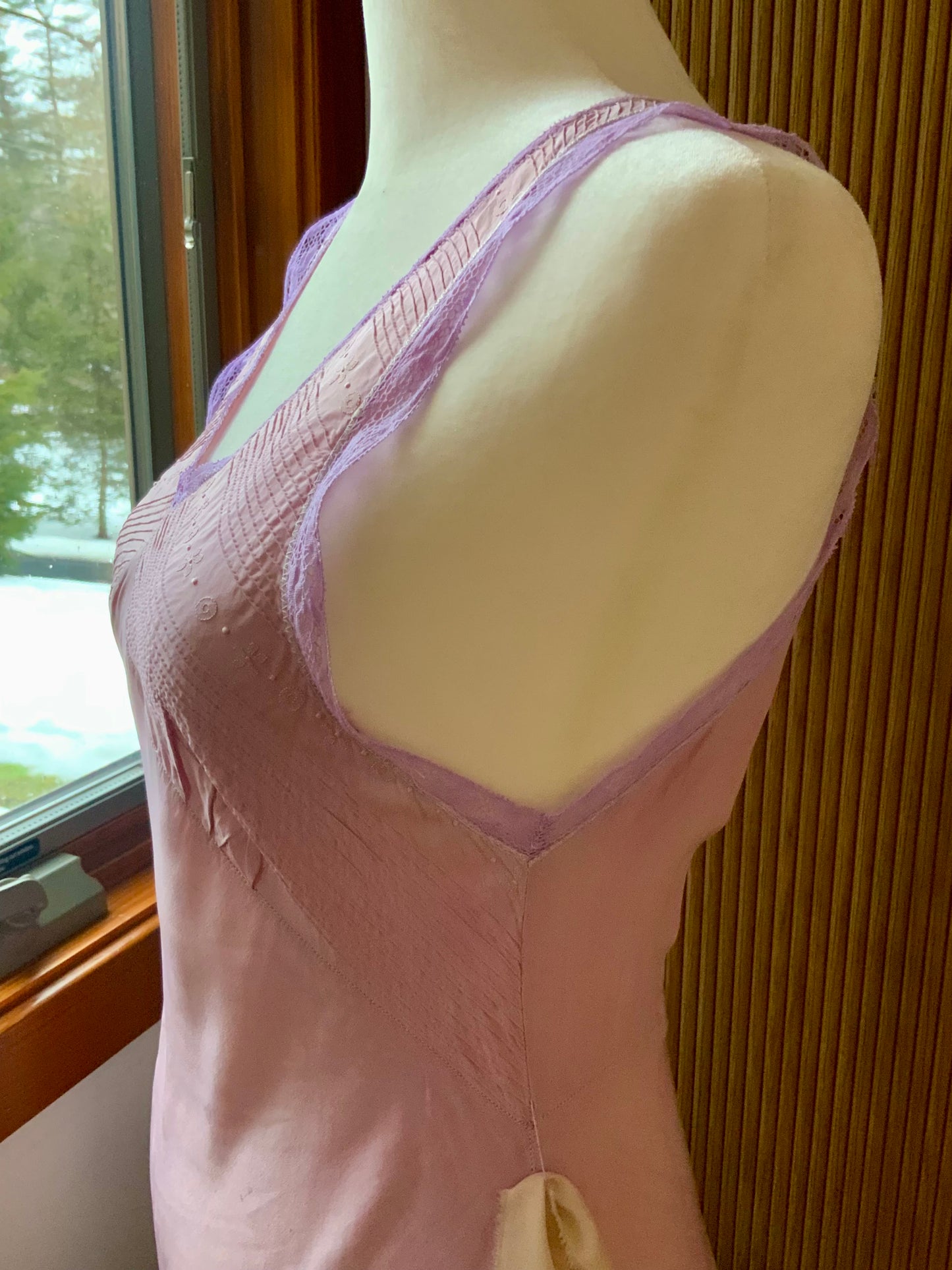 70s does 30s Hand Dyed Vintage Silk Slip Dress Bias Cut Pintuck Embroidered Open Back Romantic Nightgown
 - 40AU