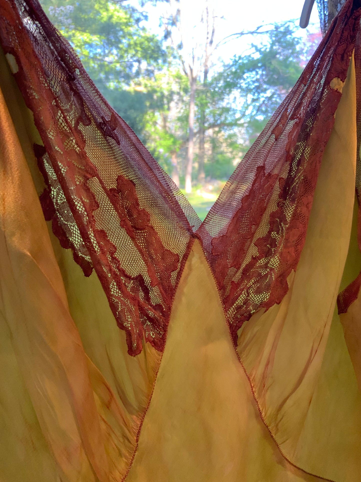 1930s Hand Dyed     Botanical Inspired Hand Dyed Silk Slip Dress. One of a Kind Woodland Fairy Bias Cut Gown.30BZ