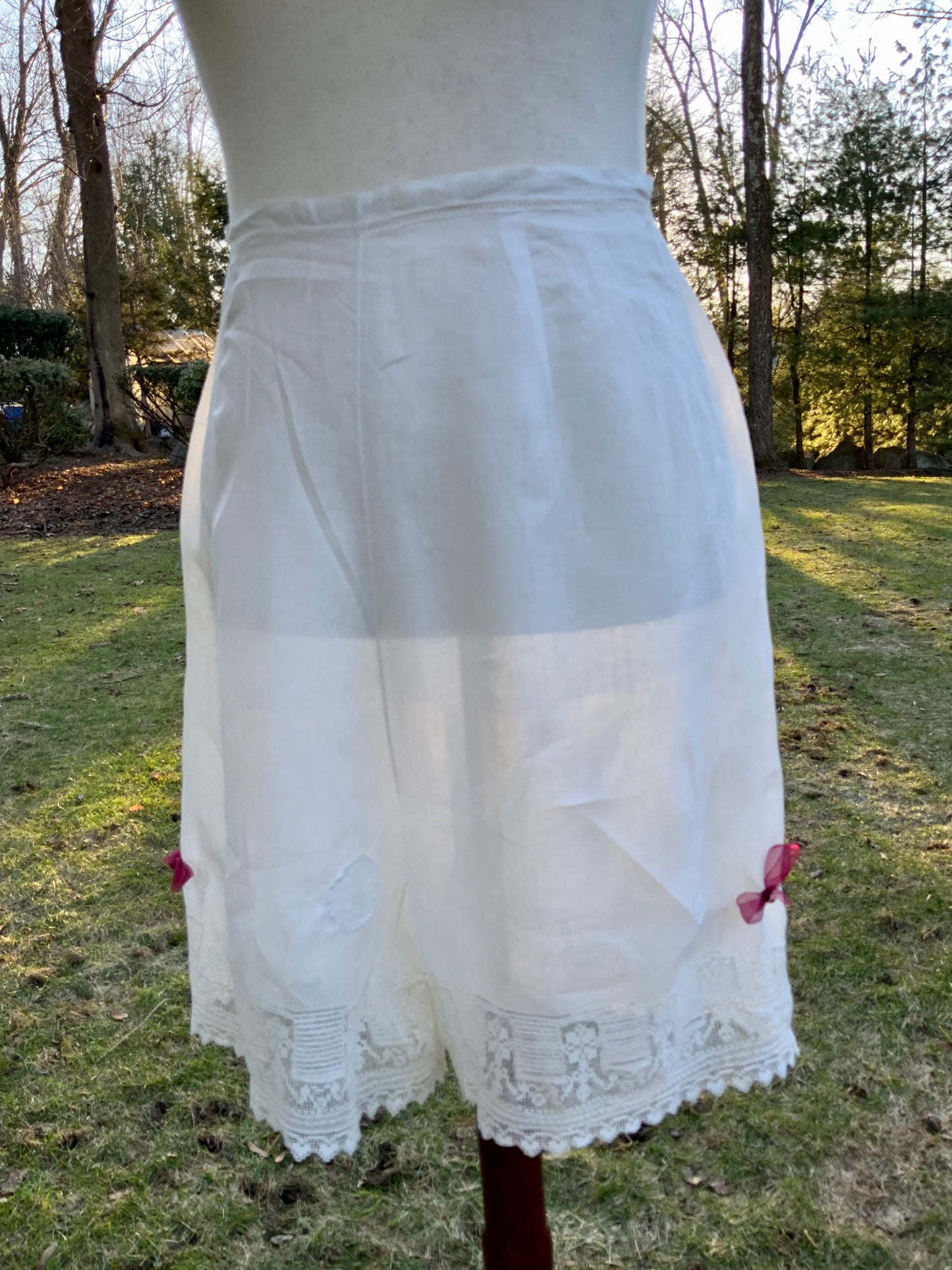 Antique Edwardian Cotton Bloomers c.1905–1915 | Filet Lace Ribbon Hem | Hand Monogram “AB” | Split Drawers Lingerie-ED69