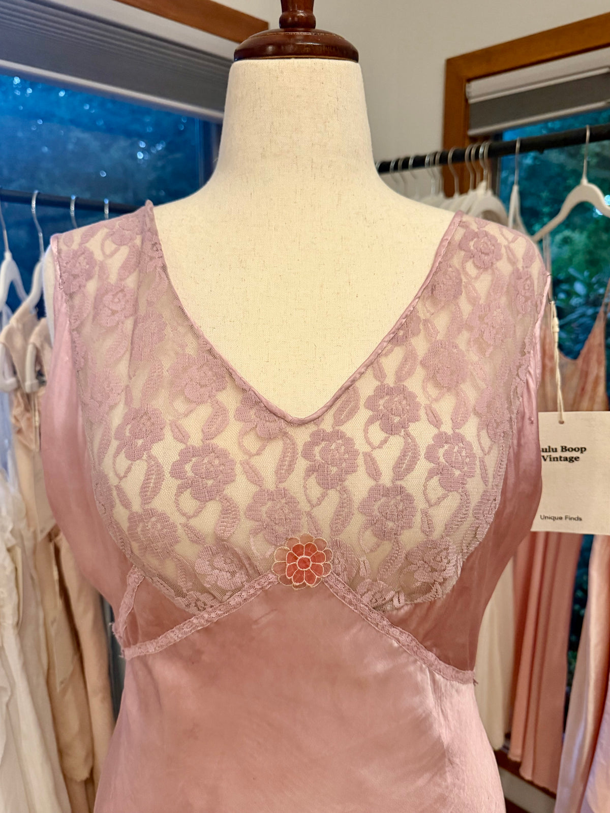 1930s Hand Dyed Dusty Lilac Satin & Floral Lace Bias-Cut Nightgown.40CE