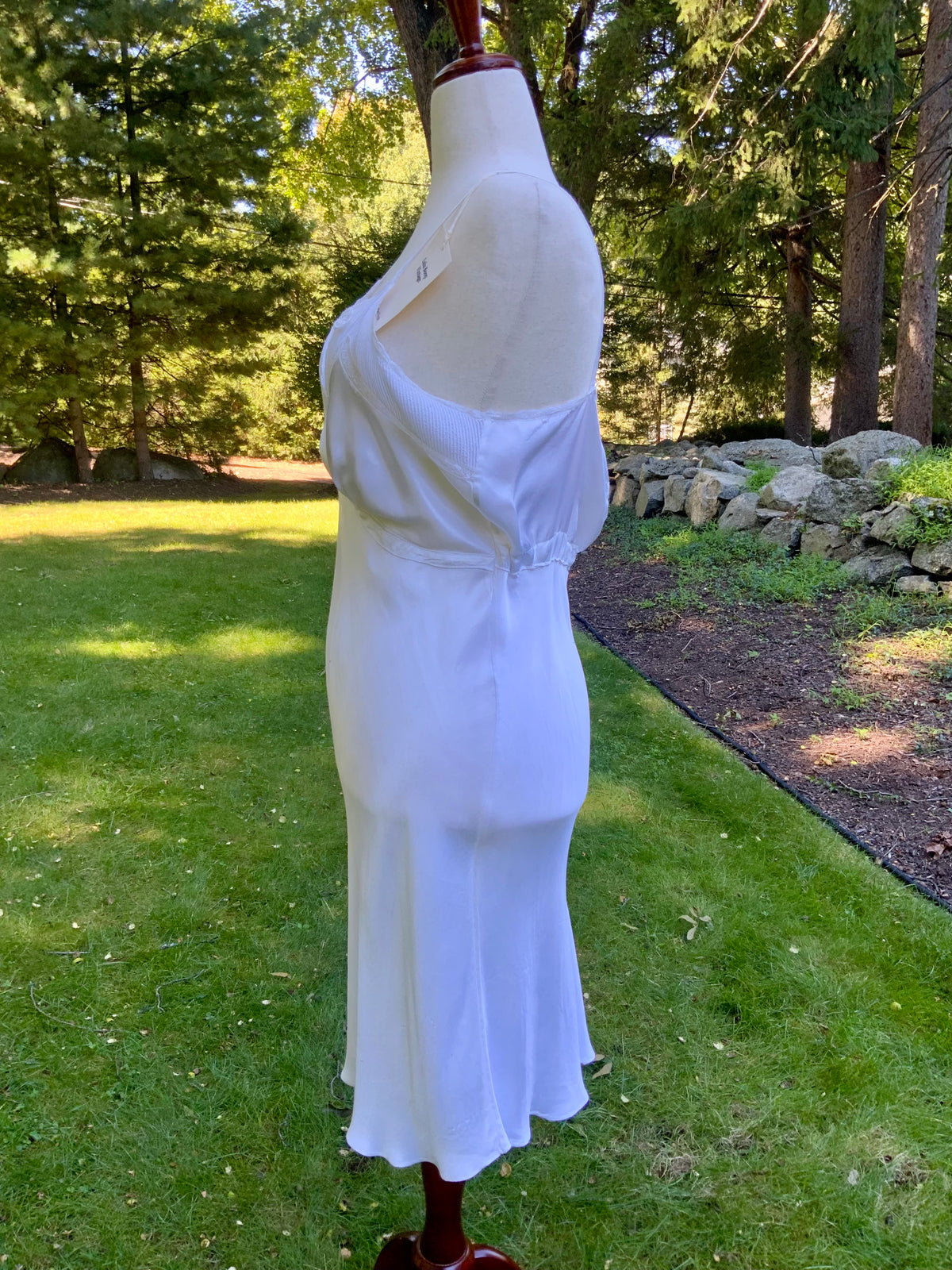 1930s White Satin Slip Dress Bias Cut Bridal Lingerie with Lace and Pleated Bust.40BU