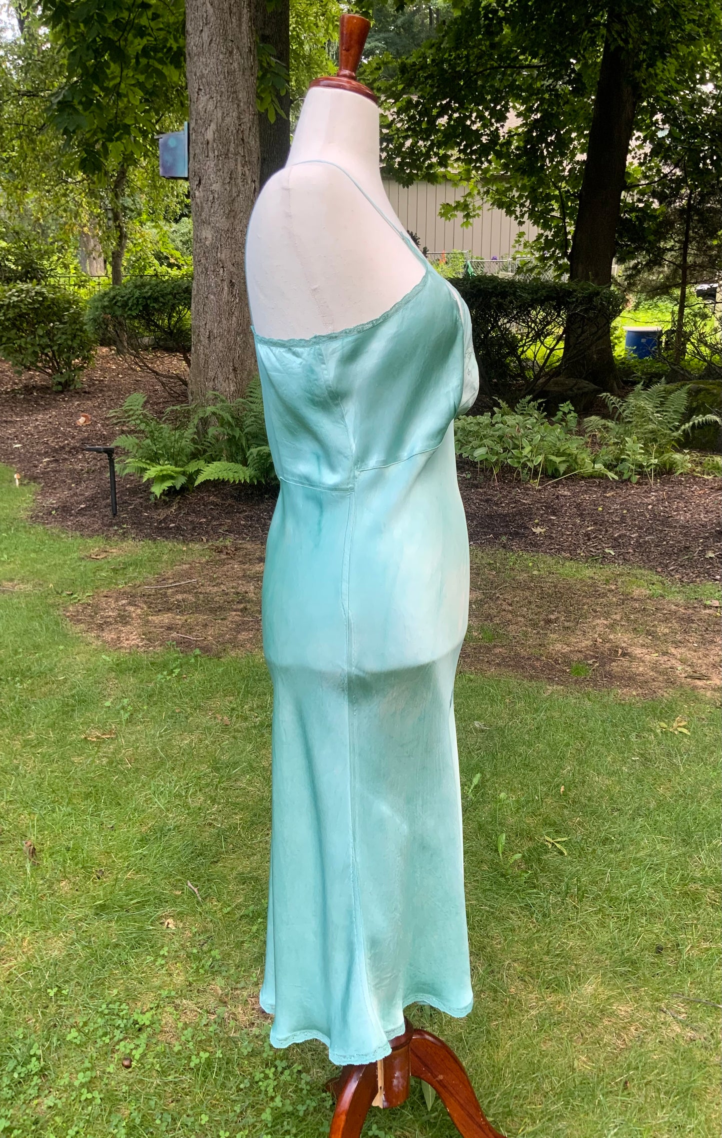 1930s Hand-Dyed Aqua Satin Slip Dress. Embroidered Bias Cut Slip with Sash.40CB