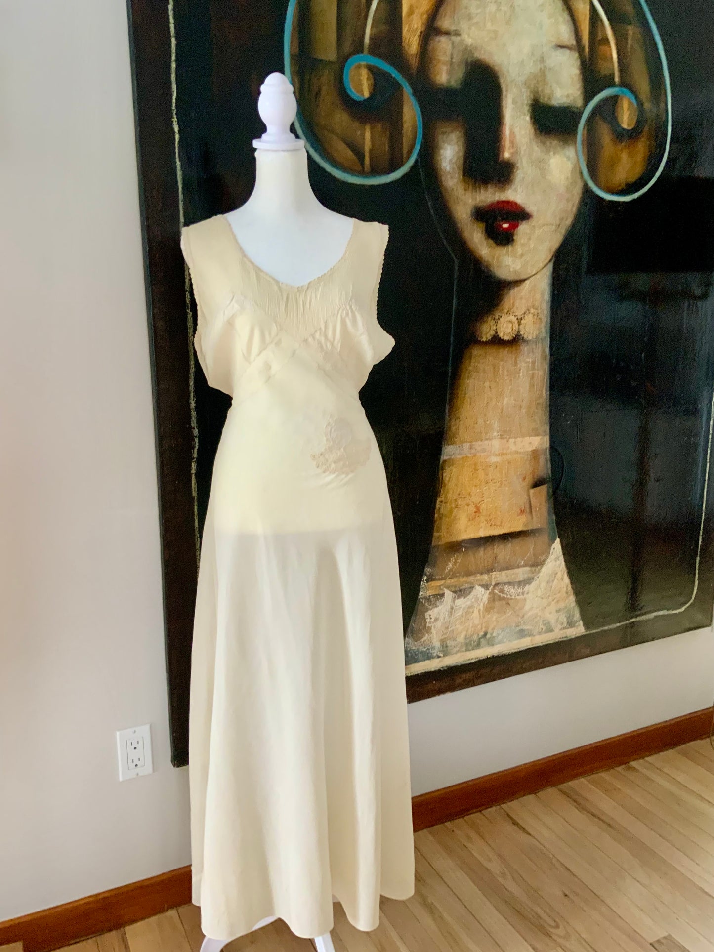 Antique 1930s–40s Pure Silk Nightgown — Ivory Bias Cut Slip Dress with Pintucks & Embroidery-40AT