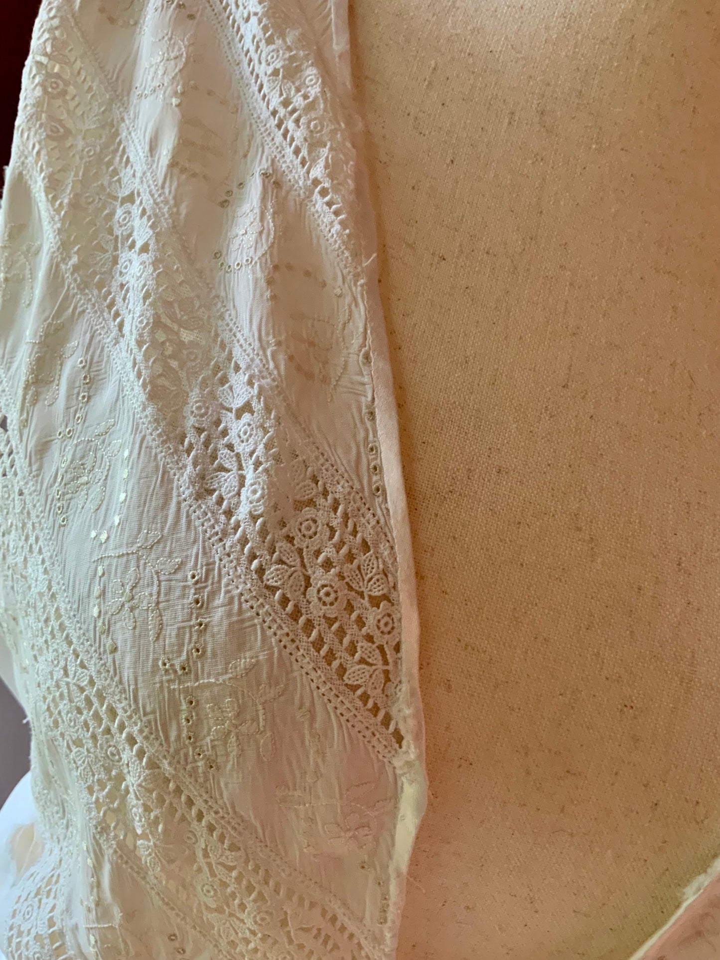 1930s Ivory Bridal Slip Dress with Embroidered Lace Bodice-Deep V. Neck-30DK