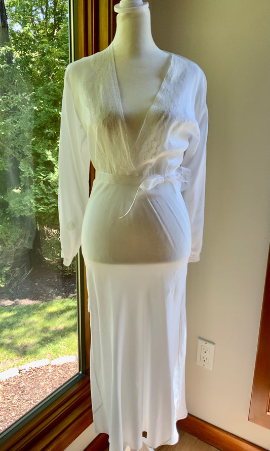 Vintage Ivory Silk Satin Long Sleeve Bridal Gown | Deep V-Neck Lace Maxi Dress-70BD