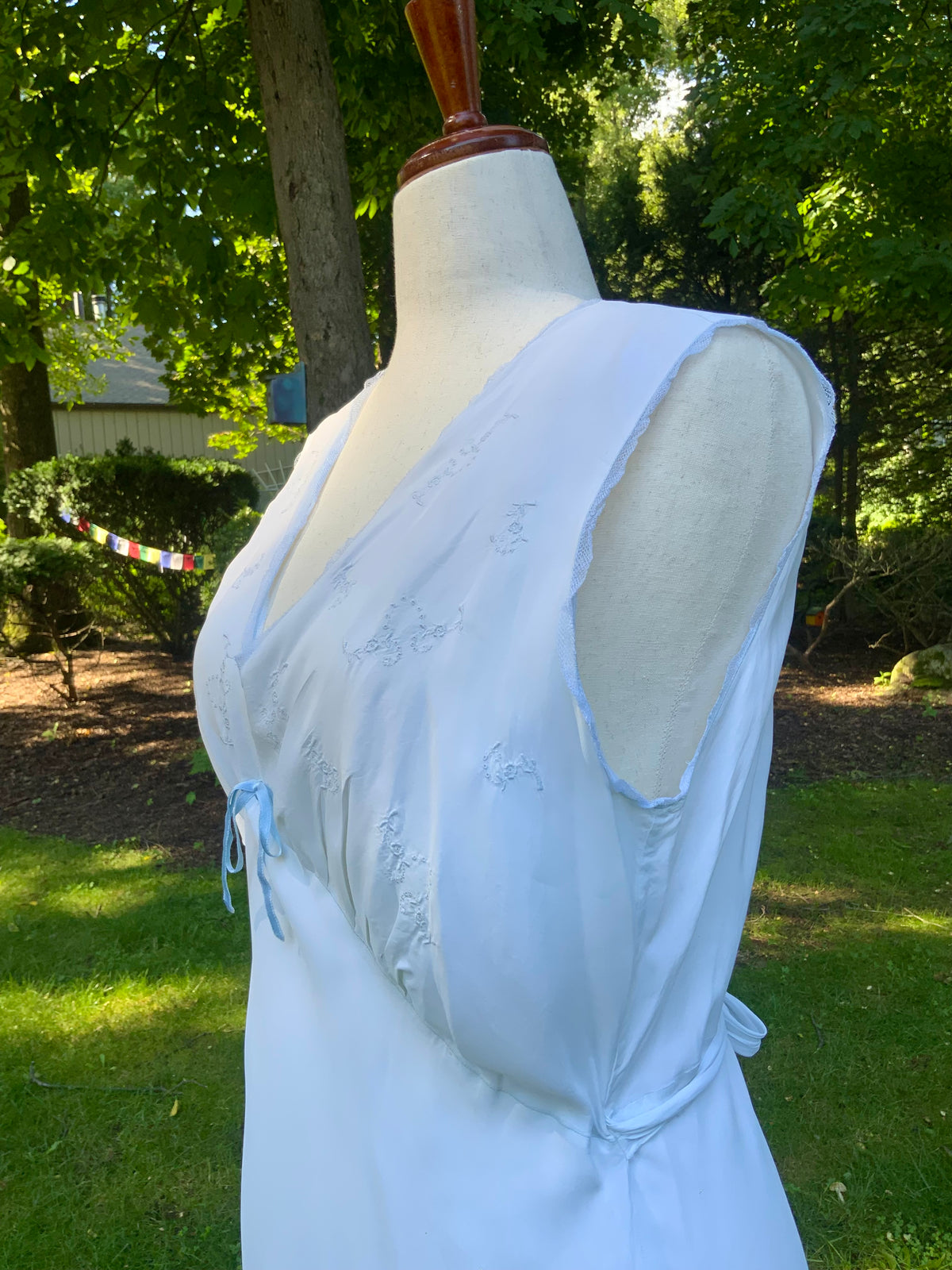 1930s Pale Blue Embroidered Nightgown with Draped Bodice and Velvet Ribbon.30CL