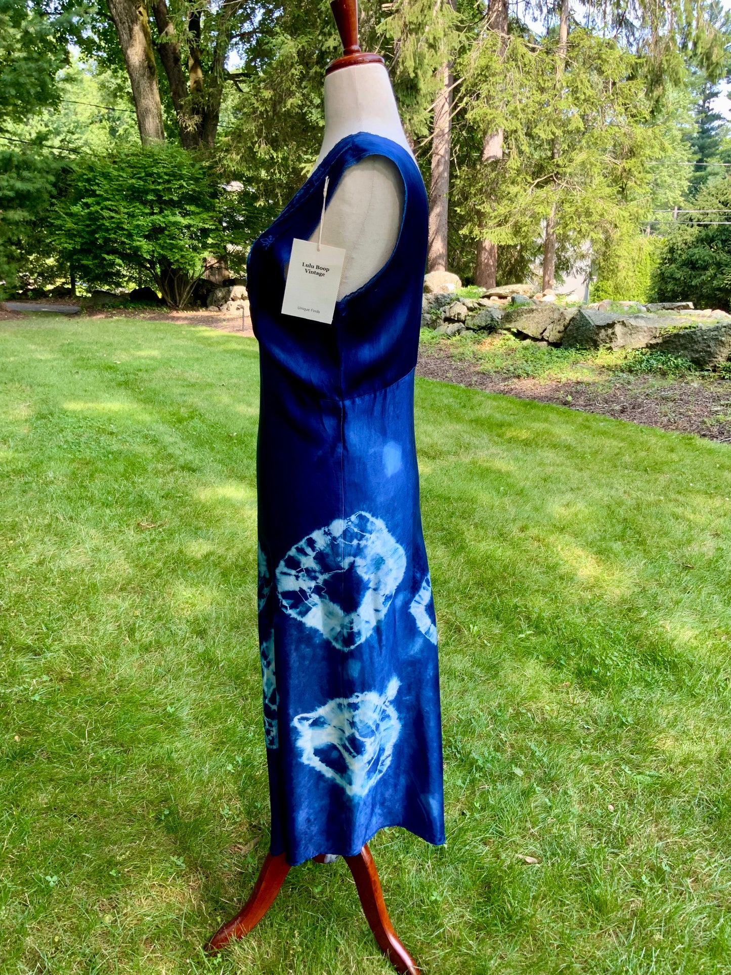 1930s Hand-Dyed Indigo Silk Slip Dress with Batik Resist Dye | OOAK
-40BN