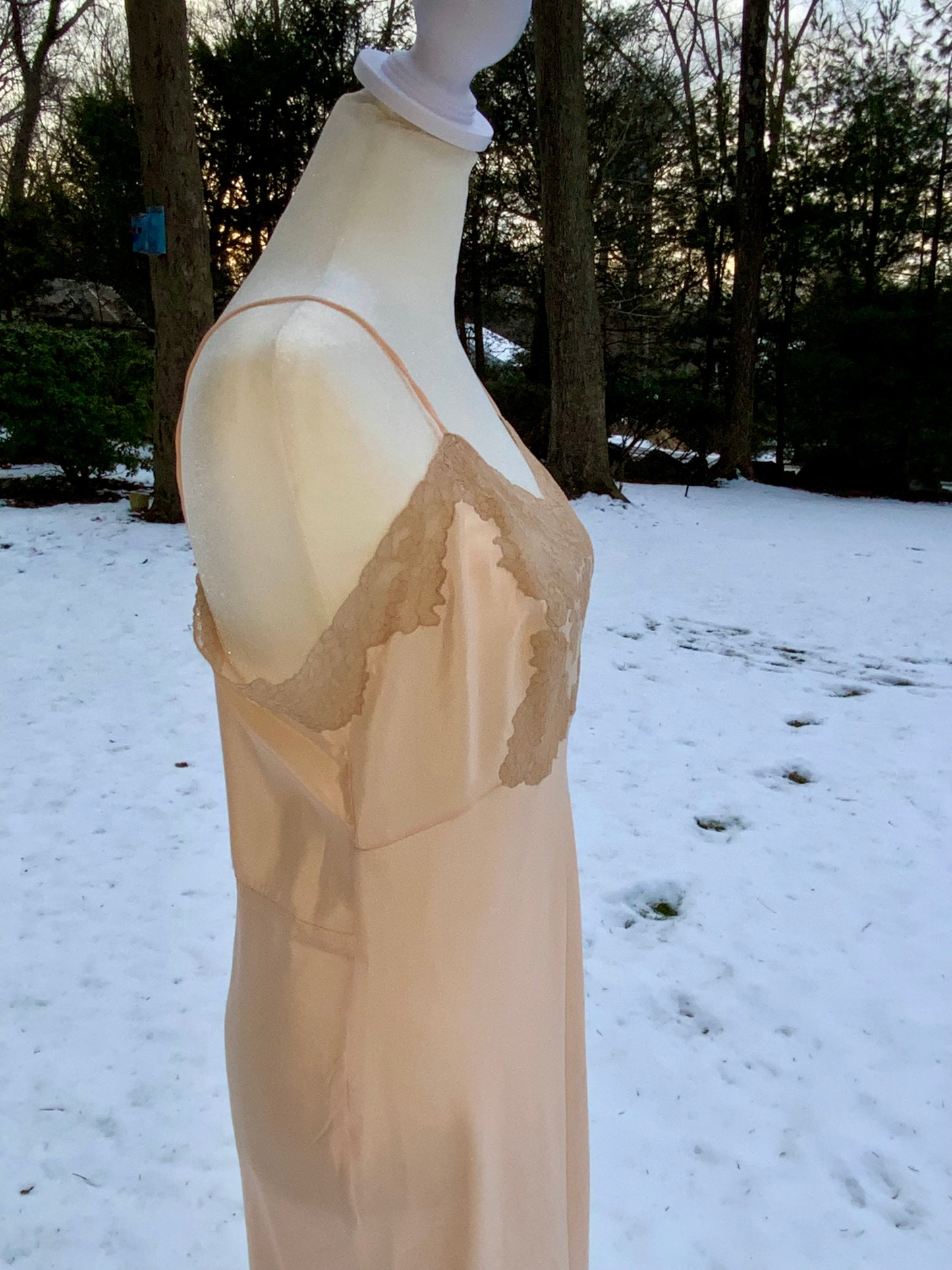 Late 1930s True Silk Peach Slip Dress with Lace Bodice | Bias Cut Antique Lingerie-40AR