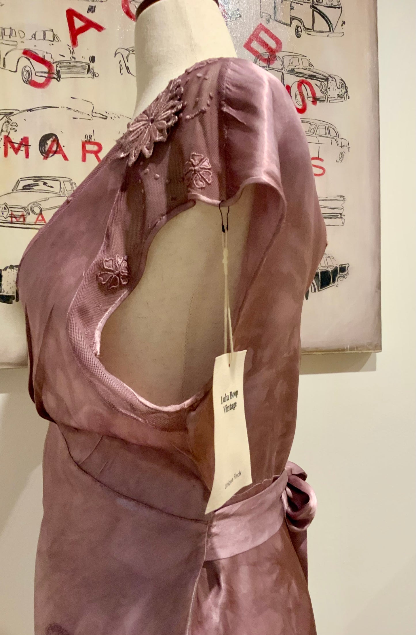 1930s Hand Dyed Mauve Bias Cut Evening Dress. Restyled Vintage Satin Gown.Embroidered Tulle.Lulu Boop Vintage-30CW