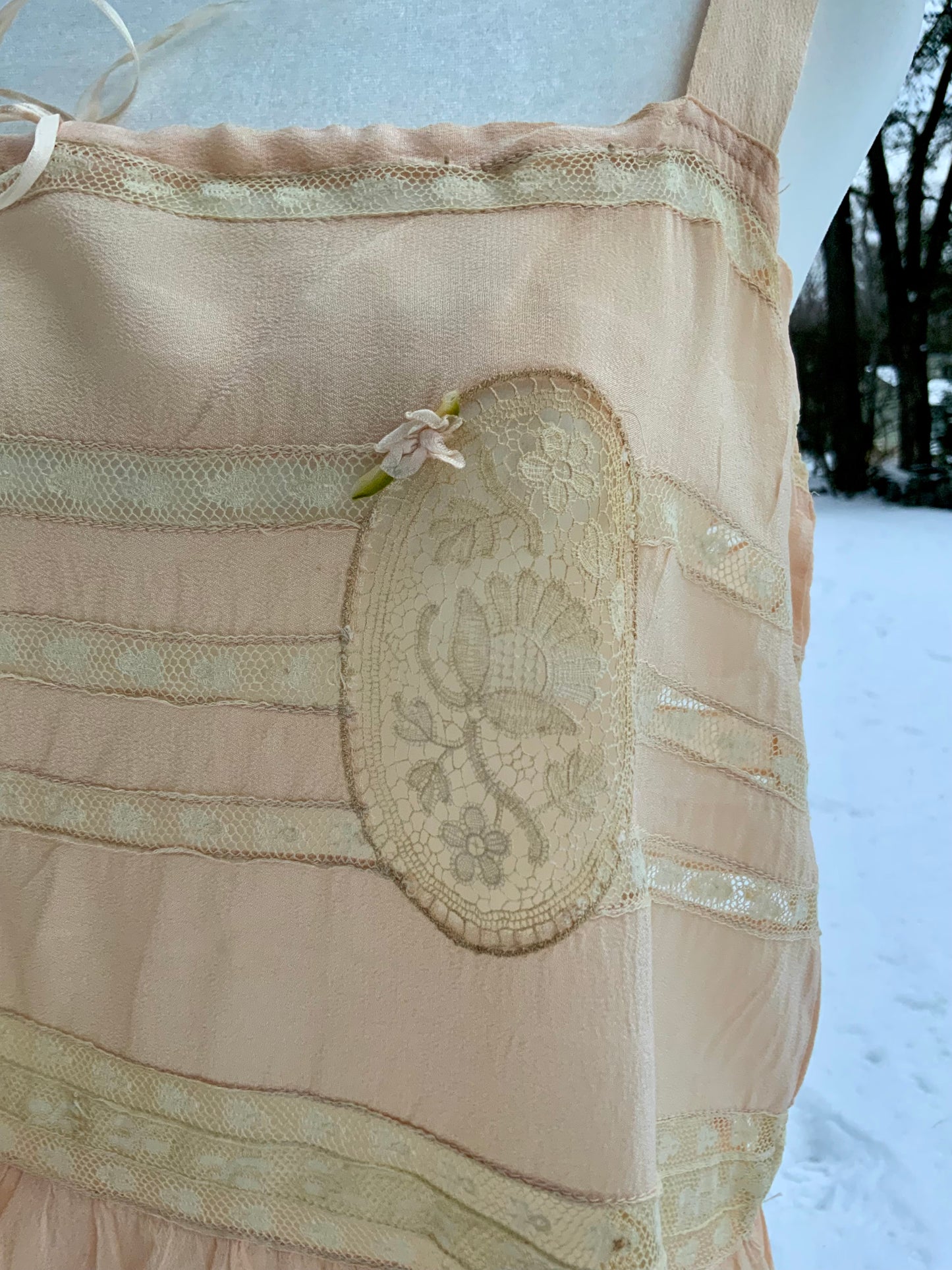 Circa 1912–1918 Blush Pink Silk Chiffon Teddy with Antique Lace – Edwardian Boudoir Lingerie-ED47