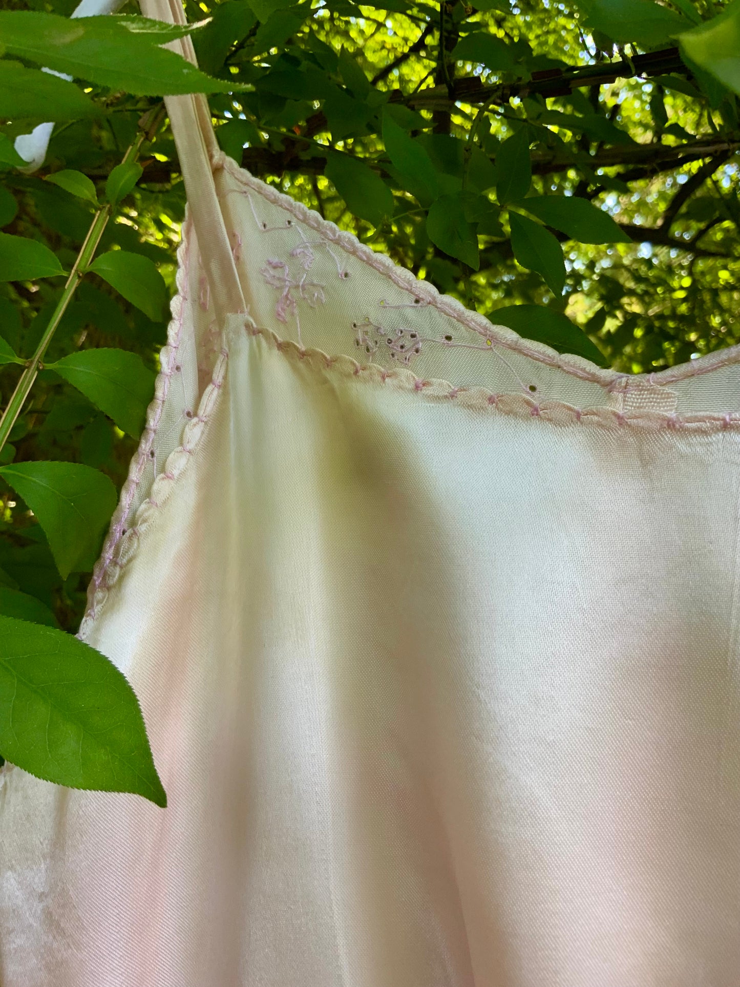 Rare 1930s Blush Pink Satin Boudoir Gown with Embroidery & Ribbon Sash-30DA