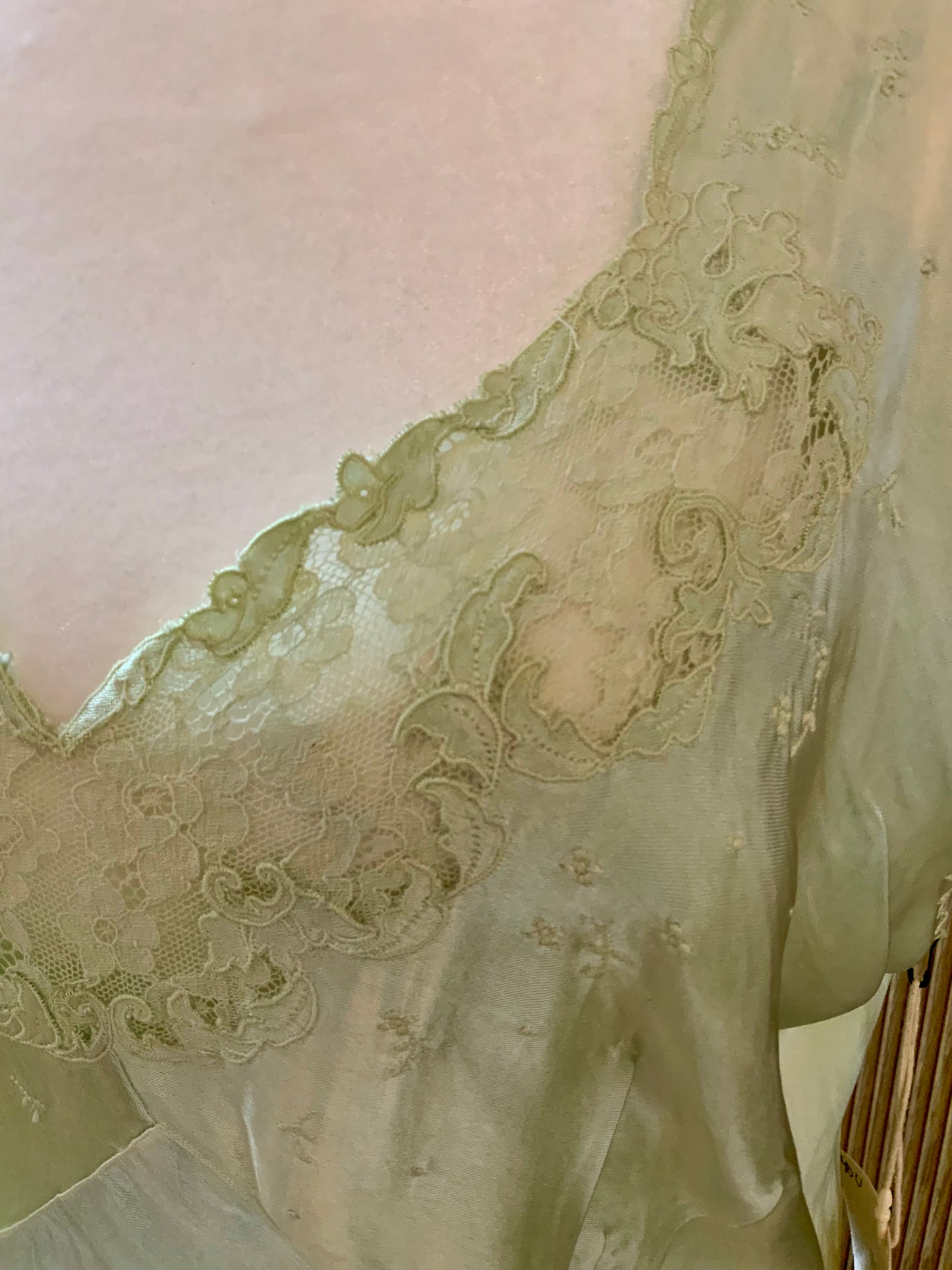 1930s Silk Satin Bias Cut Gown – Hand Dyed Celadon Mint – Vintage Lace Evening Slip Dress
40U