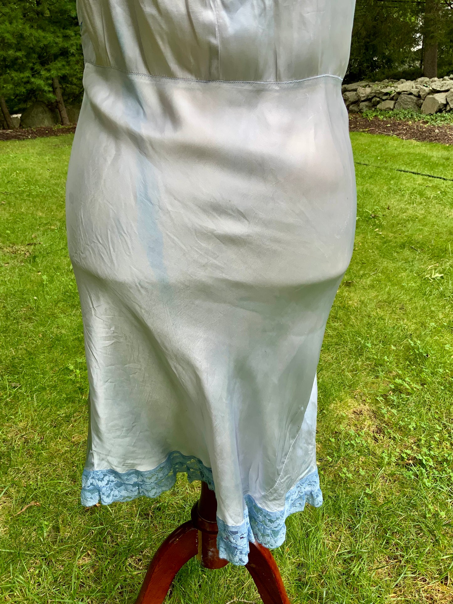 1930s Hand-Dyed Ice Blue Satin and Lace Bias-Cut Full Slip.50BA