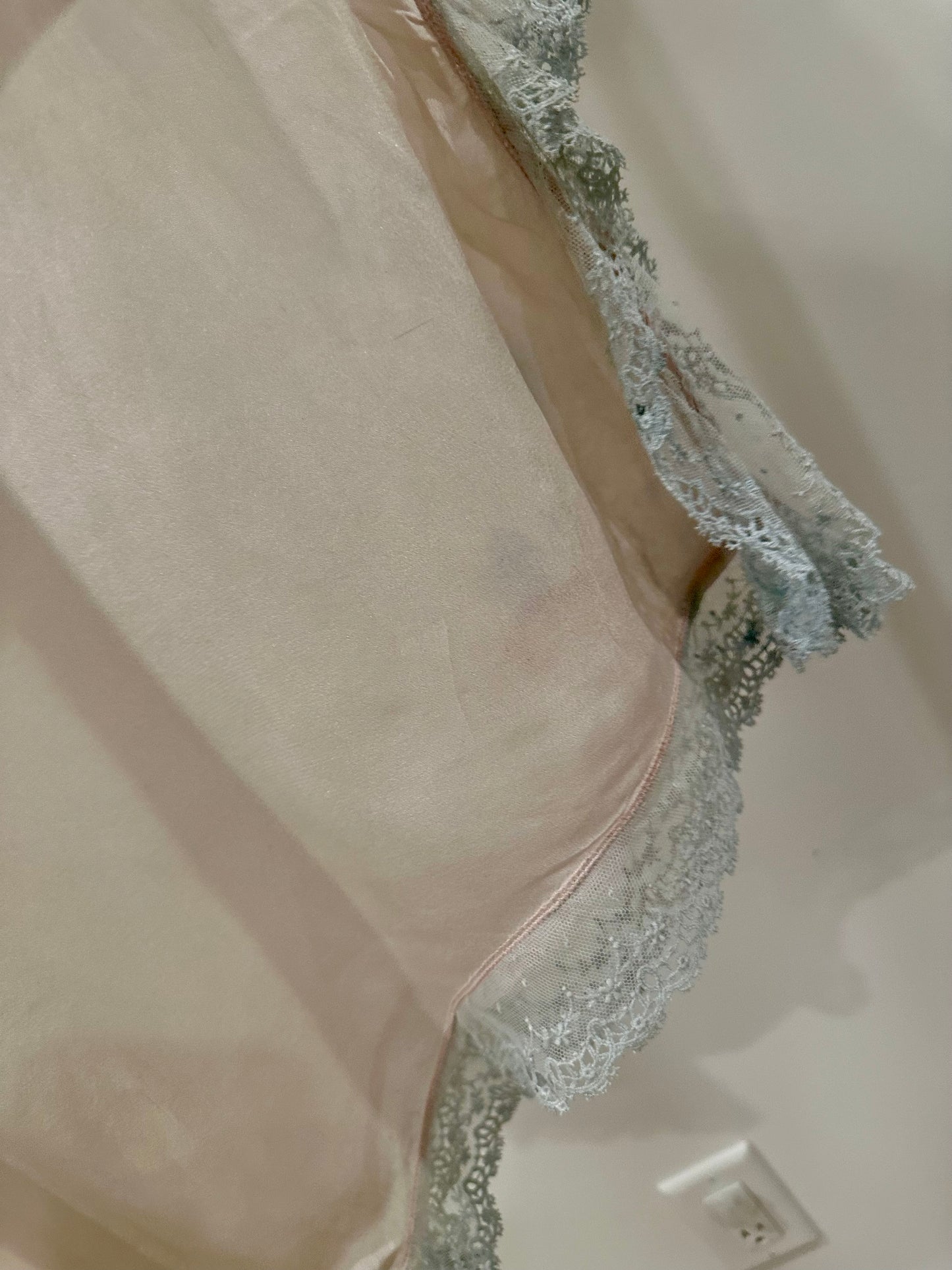 1920s–30s Pure Silk Teddy in Blush Pink with Powder-Blue Lace & Rare Antique Appliqués – Bridal Lingerie - 20AQ