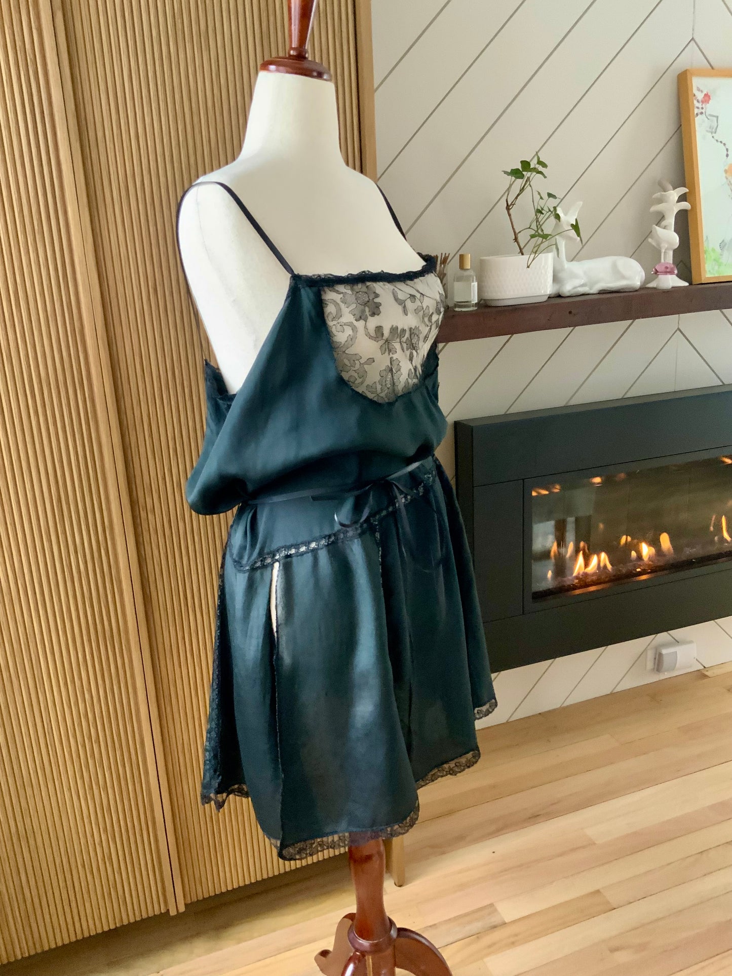 1920s–30s Pure Silk Boudoir Slip Dress — Black with Antique Lace Inset-XL-20AK