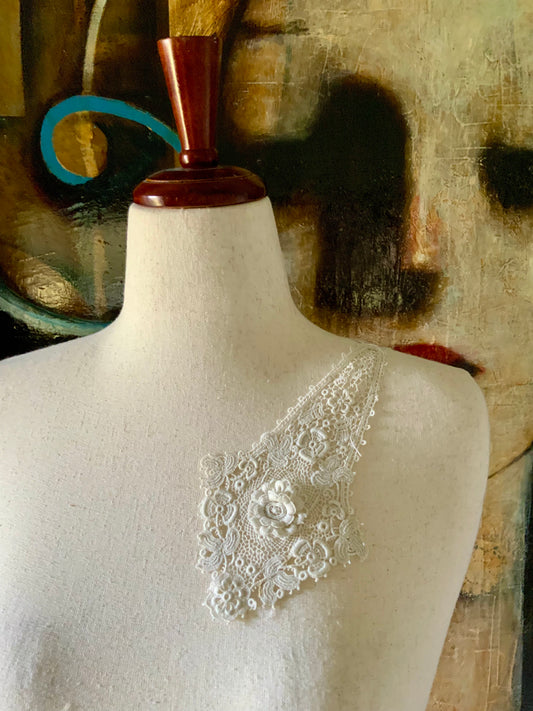 Rare Antique Lace Shoulder Accent with Rosette – Edwardian Lace Appliqué, Asymmetrical Couture Piece