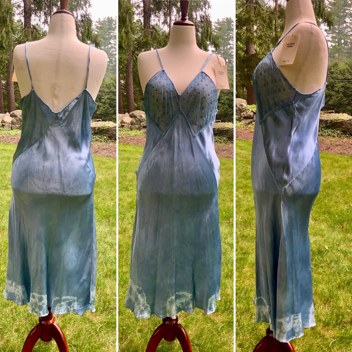 1930s early 40s Hand Dyed Blue Satin Slip Dress | Embroidered Sheer Bodice | Bias Cut Vintage Inspired Lingerie Dress | One of a Kind-40BH