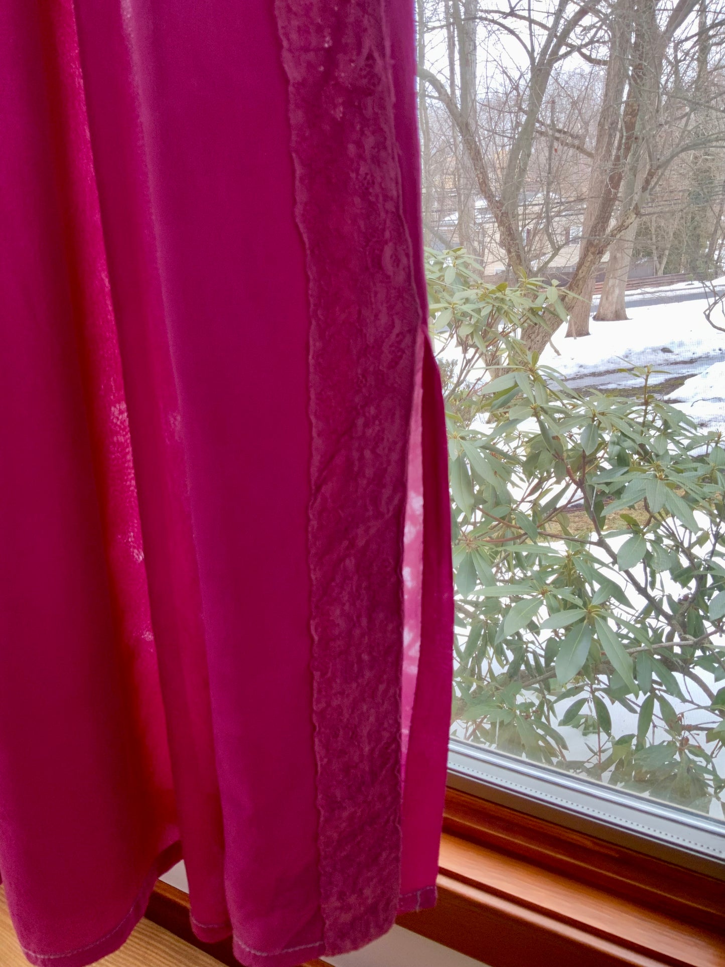 Vintage 1970s Sheer Chiffon Boudoir Gown Hand Dyed Fuchsia Lace Empire Waist XS Lingerie Dress - 70D