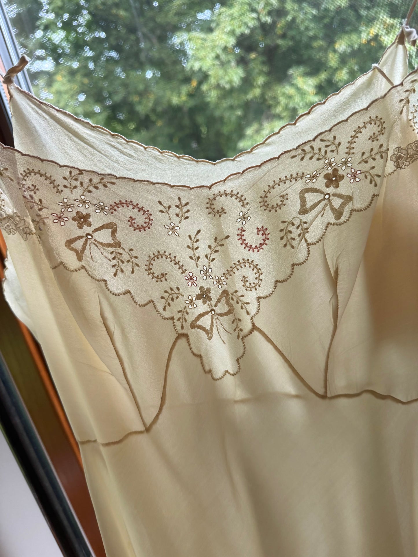 1930s Hand-Embroidered Pure Silk Slip Dress | Champagne - 30AT