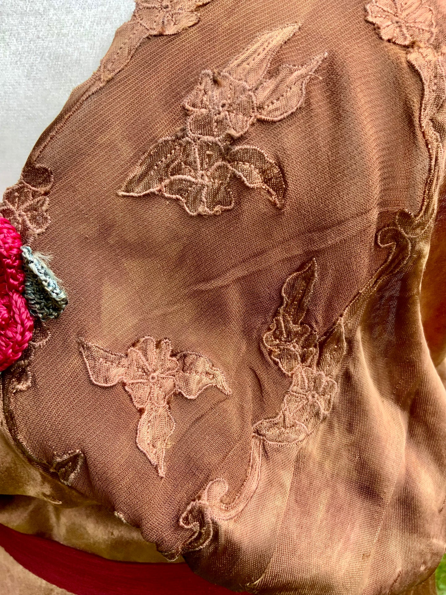 1930s Hand Dyed Silk Slip Dress Chocolate Brown Bias Cut Art Deco Embroidered Bodice OOAK
-40BK