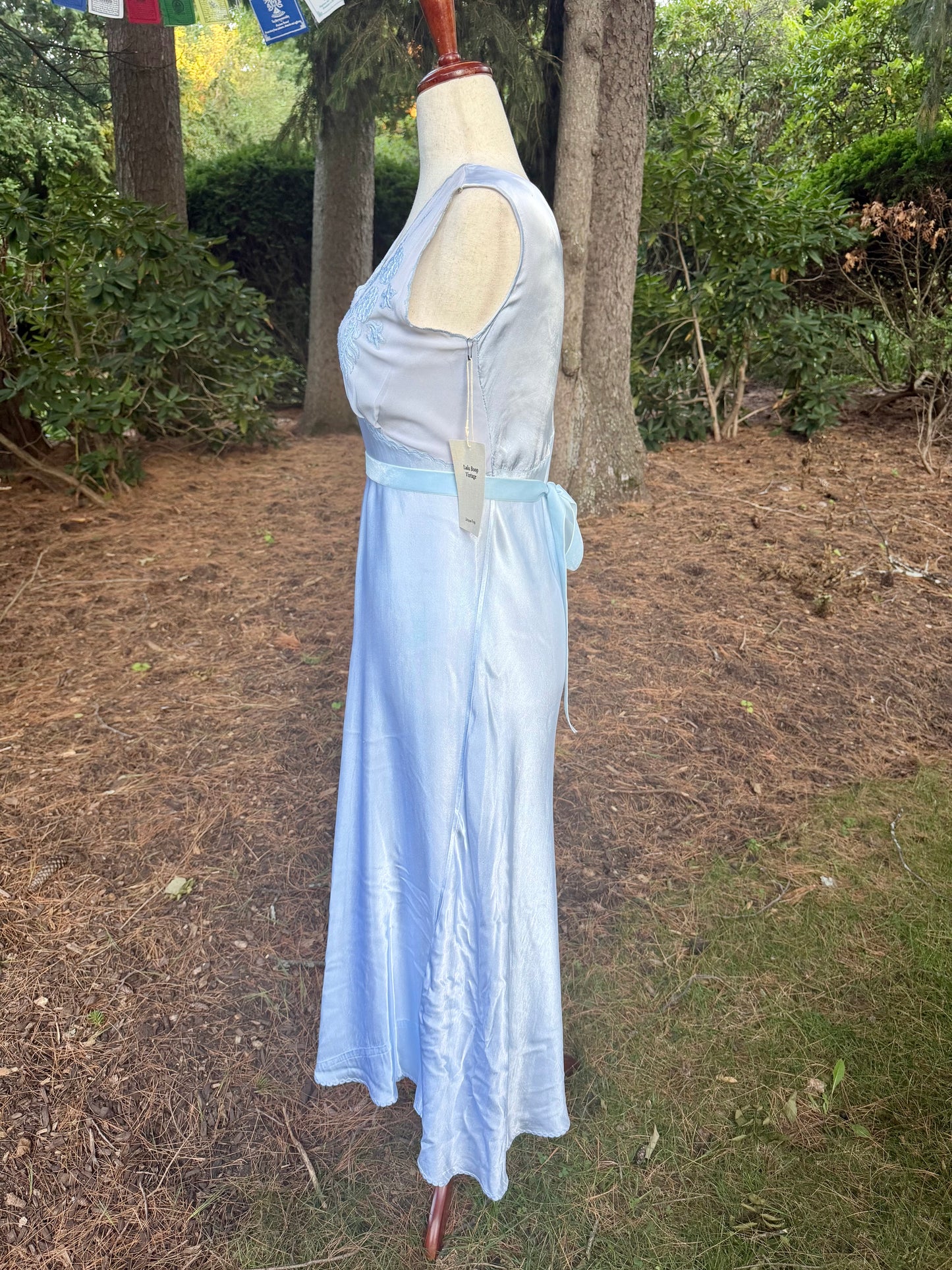 1930s Powder Blue Silk Satin Slip Dress | Embroidered Illusion Mesh Bodice |Large
-30BV