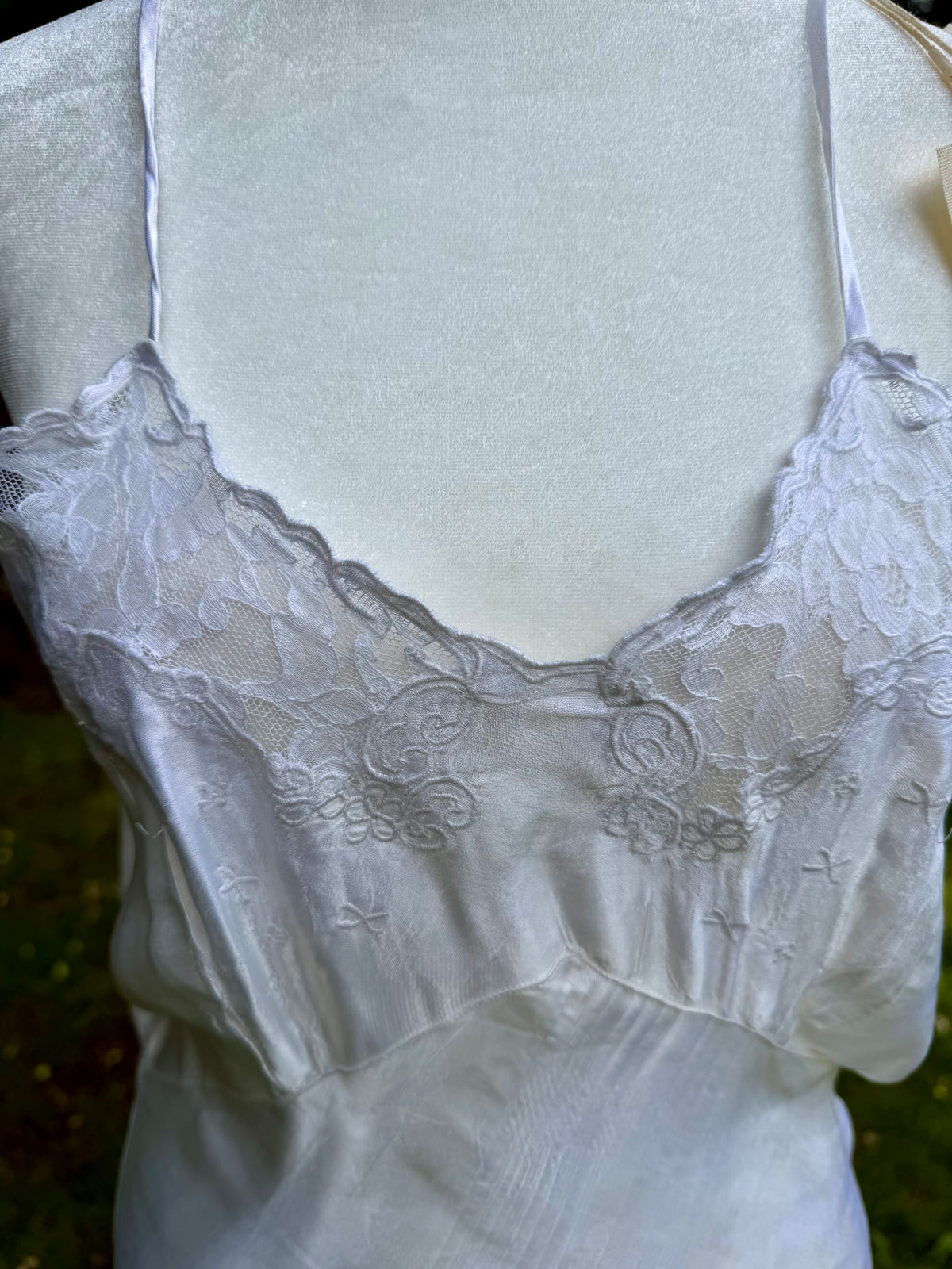 1930s White Pure Rayon Bias Cut Slip Dress with Lace Bodice.30CH