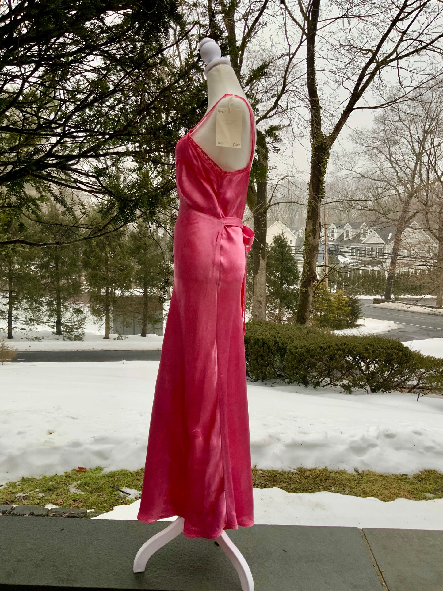 Authentic 1930s 1940s Bias Cut Satin Nightgown | Hand Dyed Coral Pink | Original Belt | Vintage Dress - 40AB