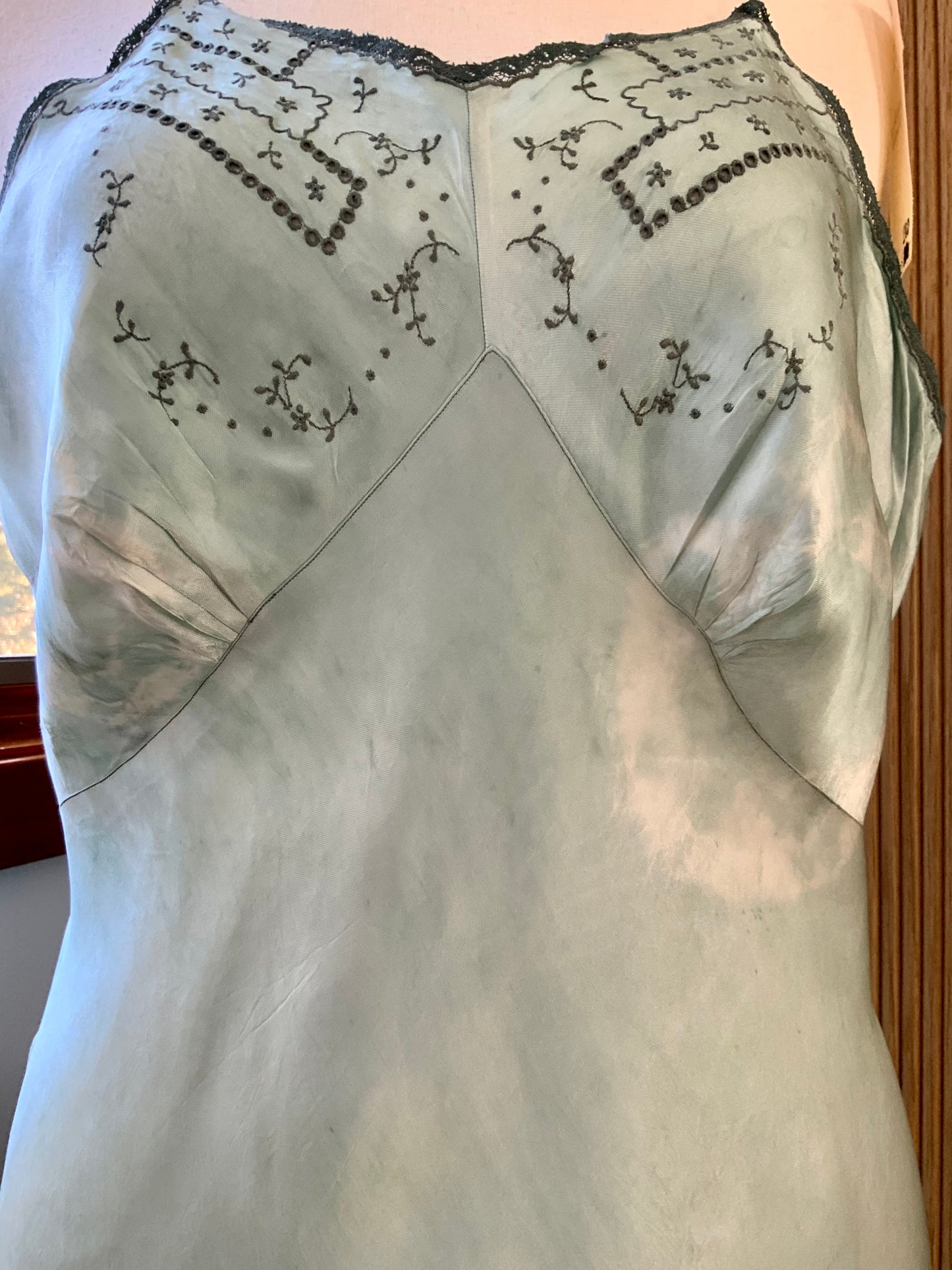 1930s–1940s Hand-Dyed Silk Satin Embroidered Slip Dress-40AN