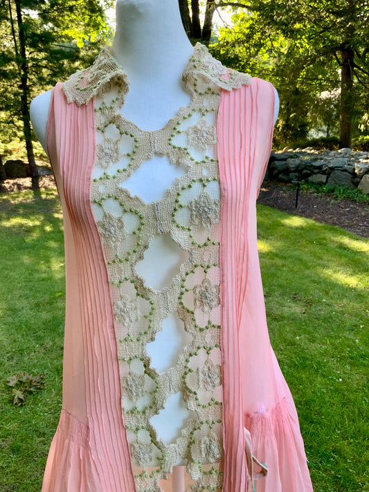 Rare 1920s Silk Chiffon Flapper Dress Art Deco Lace Dress Original Silk Slip Antique Pink Dress Vintage Restored with Vintage Appliqués. 20AS